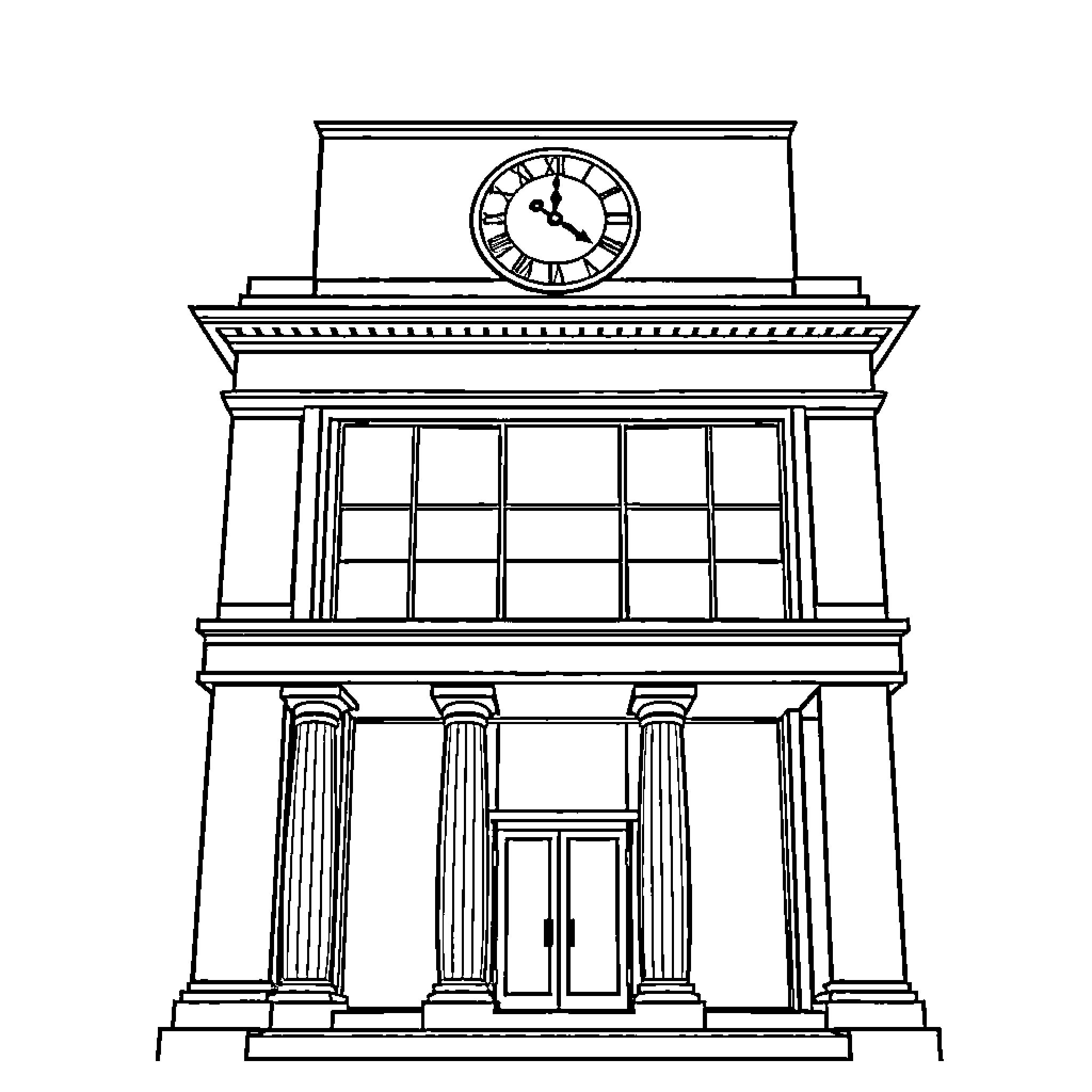 Bank building with clock and columns Coloring Page (free black-and-white line drawing printable PDF for all, from beginners to advanced learners, including children, teens, adults, and seniors)