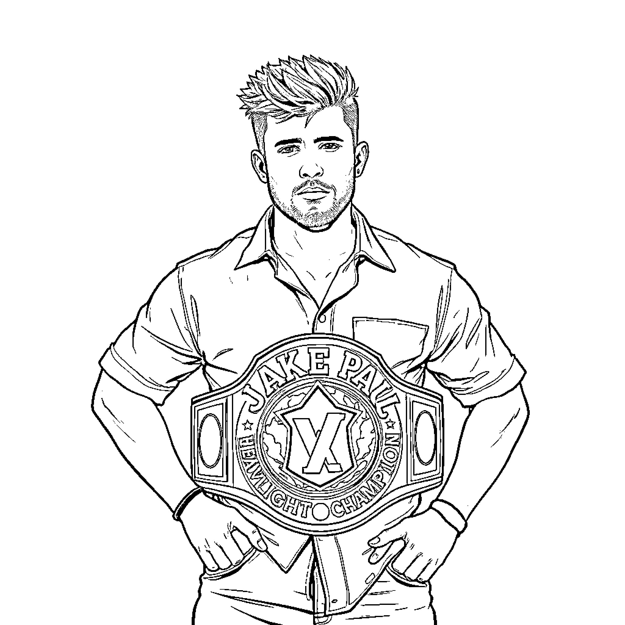 Jake Paul posing with championship belt Coloring Page (free black-and-white line drawing printable PDF for all, from beginners to advanced learners, including children, teens, adults, and seniors)
