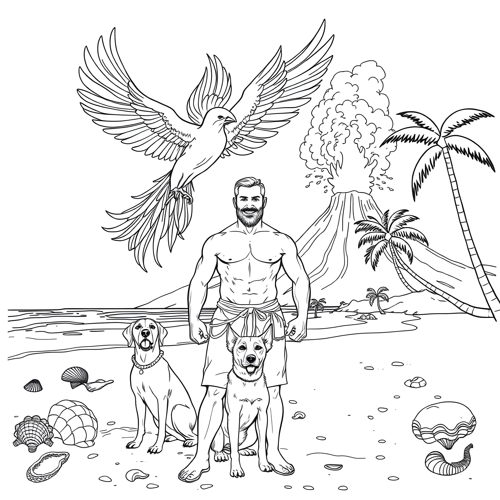 Man with dogs on tropical beach with birds and volcano Coloring Page (free black-and-white line drawing printable PDF for all, from beginners to advanced learners, including children, teens, adults, and seniors)