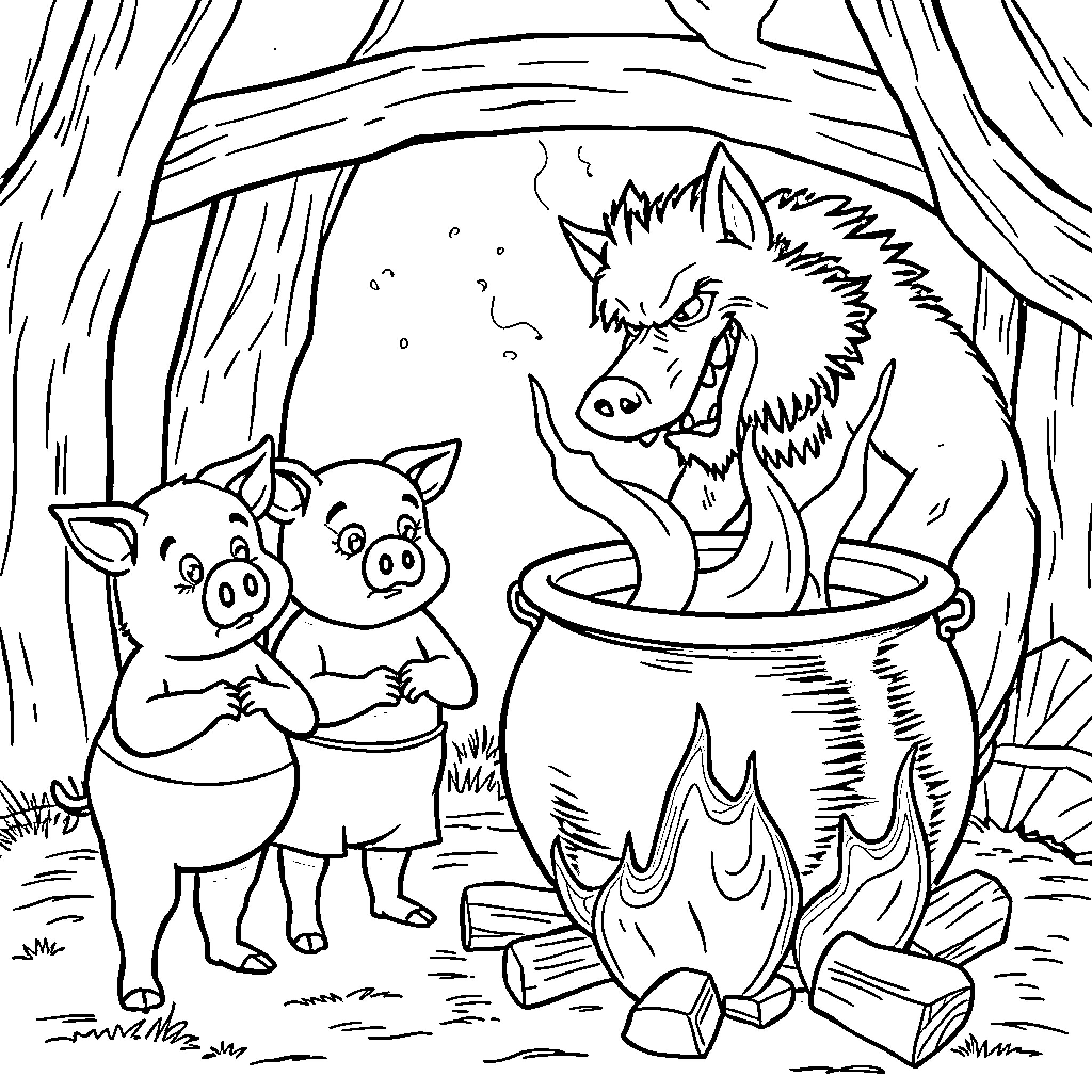 Pig Trio in a Spooky Forest Scene Coloring Page (free black-and-white line drawing printable PDF for all, from beginners to advanced learners, including children, teens, adults, and seniors)