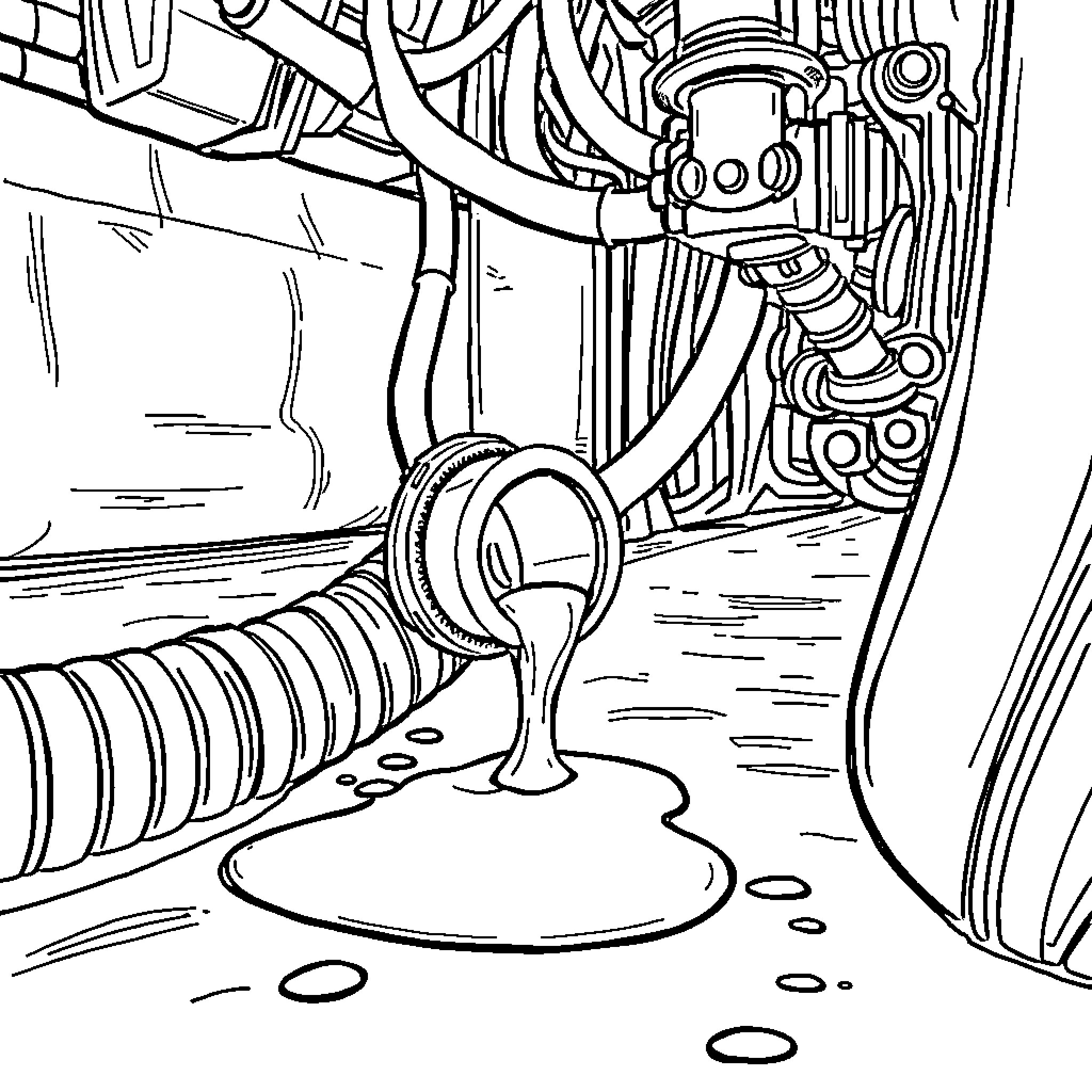 Hydraulic Hose Leakage and Spill Coloring Page (free black-and-white line drawing printable PDF for all, from beginners to advanced learners, including children, teens, adults, and seniors)