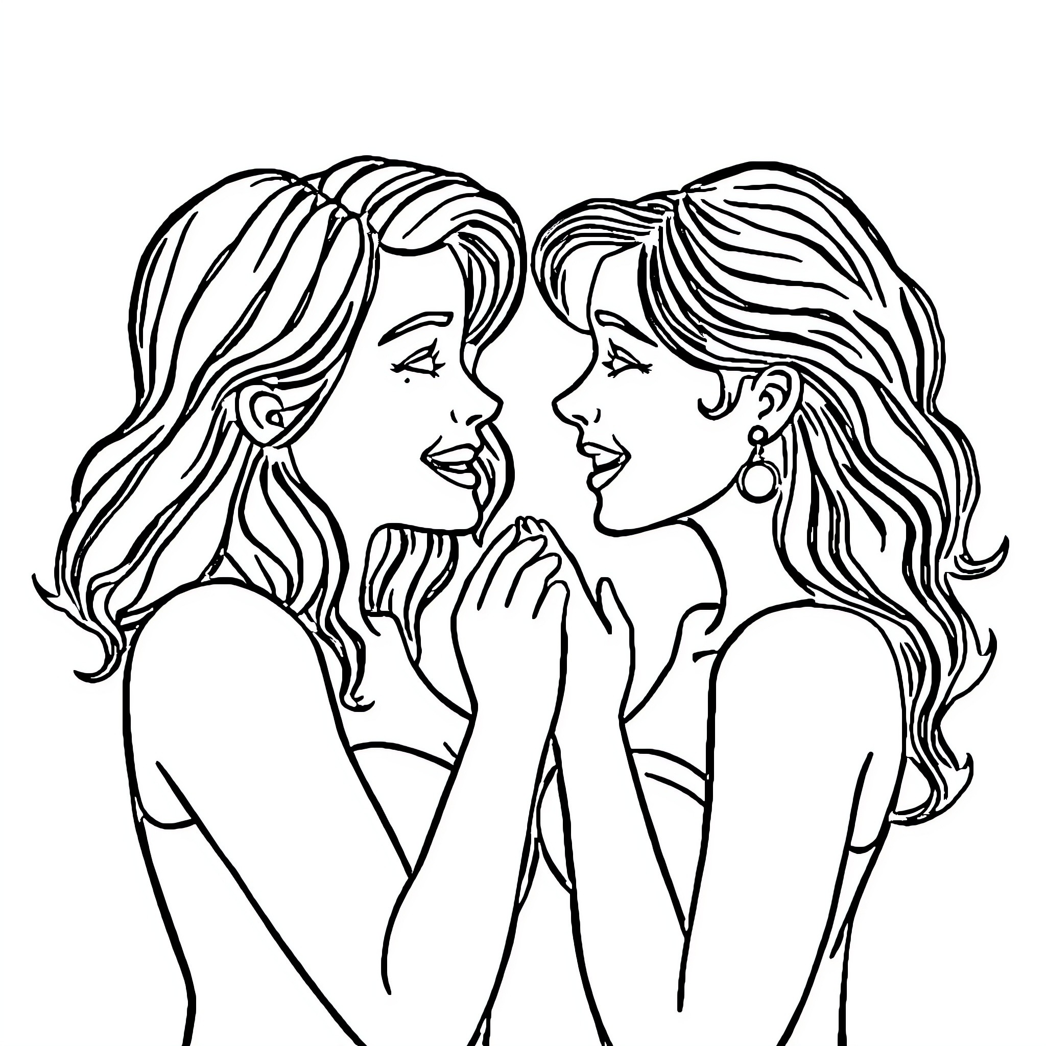 Girls sharing an intimate moment Coloring Page (free black-and-white line drawing printable PDF for all, from beginners to advanced learners, including children, teens, adults, and seniors)