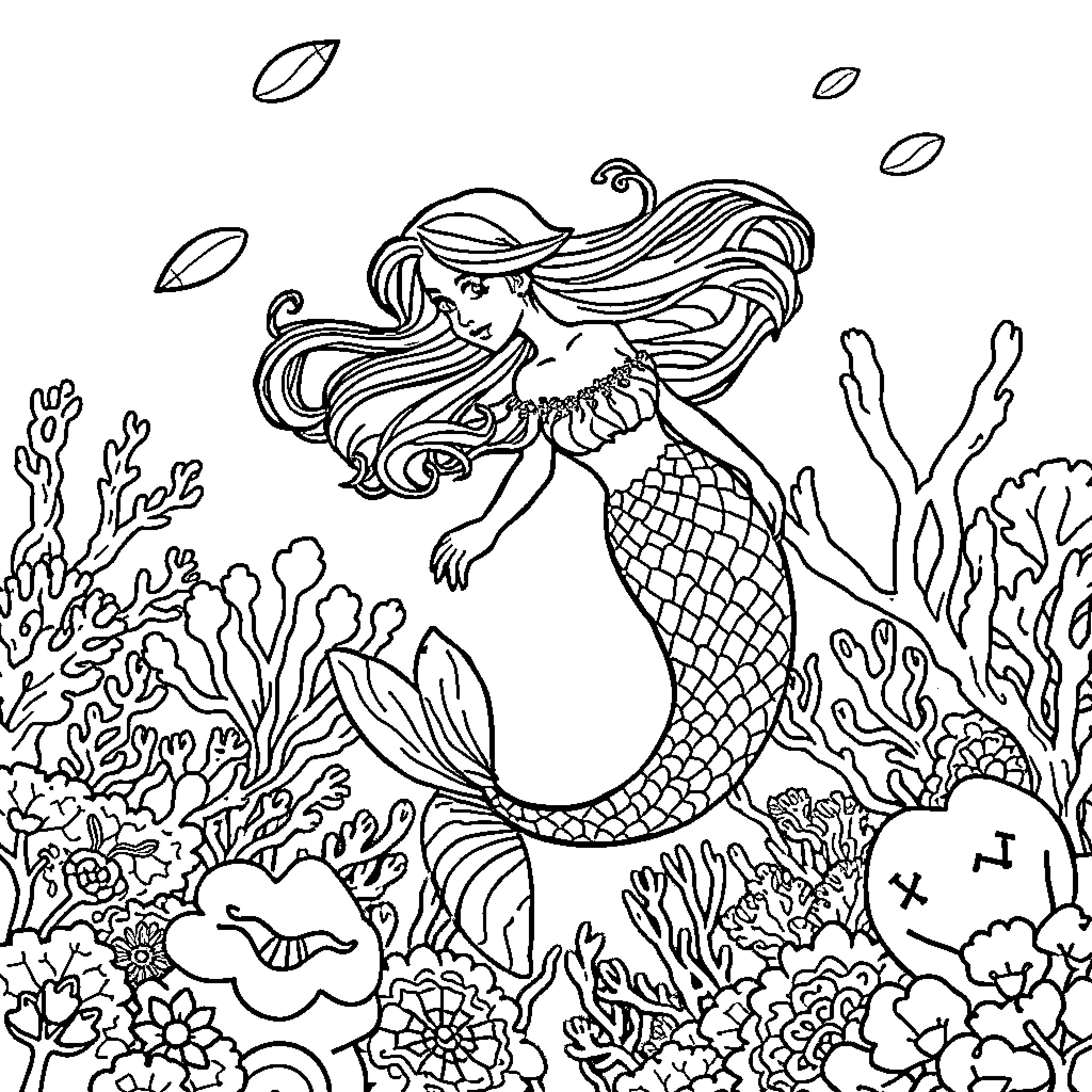 Mermaid swimming among coral reef and sea creatures Coloring Page (free black-and-white line drawing printable PDF for all, from beginners to advanced learners, including children, teens, adults, and seniors)