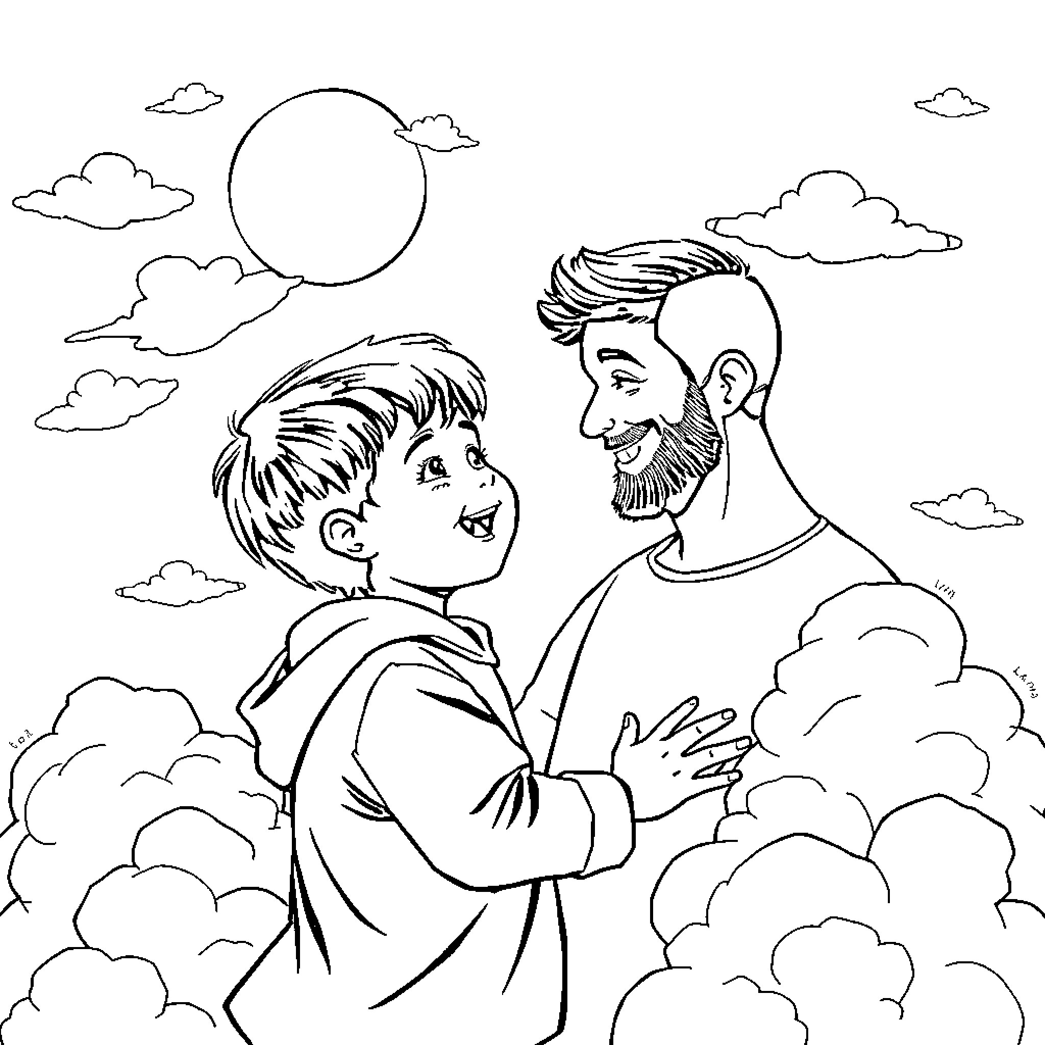 Boy and Man Talking Under the Clouds Coloring Page (free black-and-white line drawing printable PDF for all, from beginners to advanced learners, including children, teens, adults, and seniors)