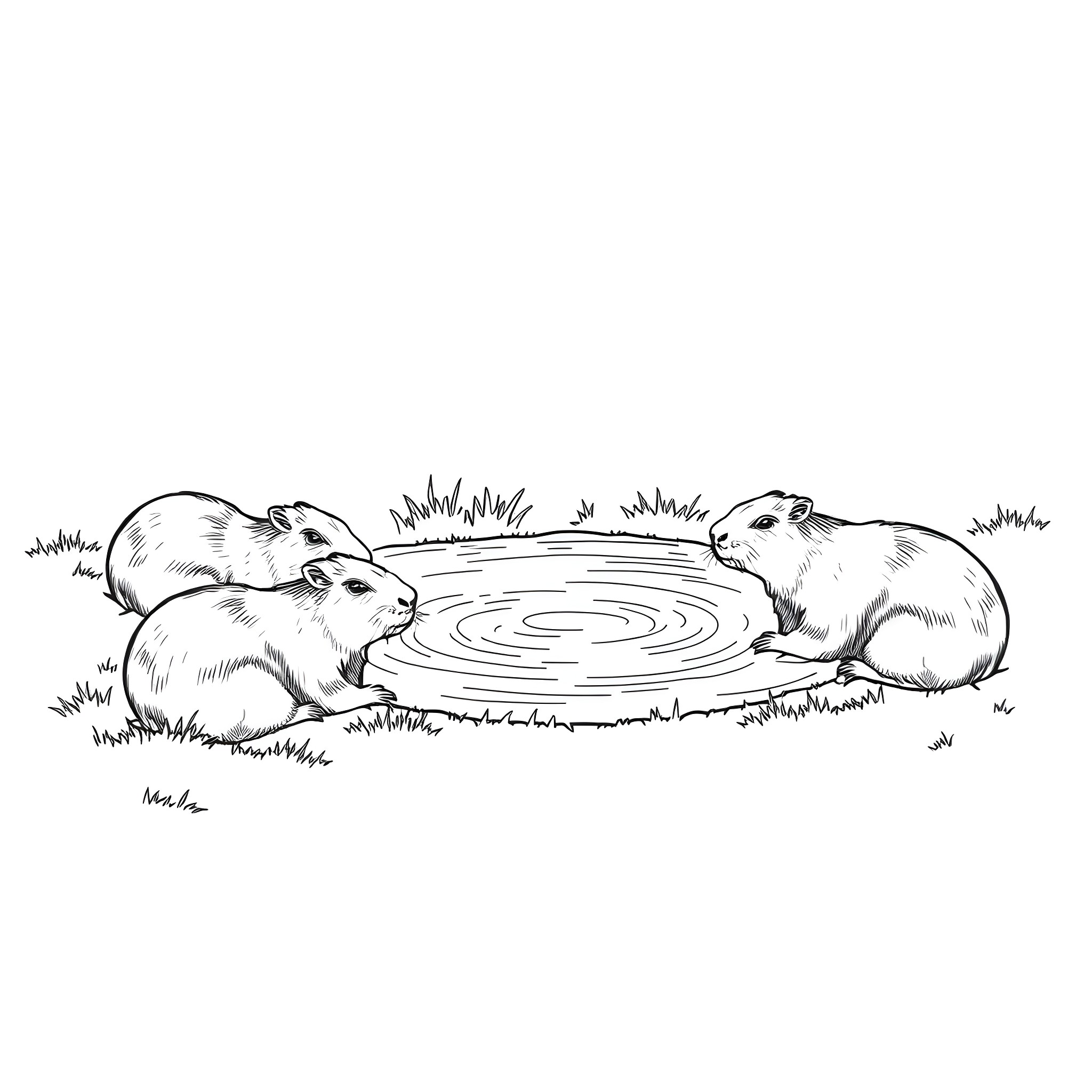 Capybara Relaxing in Shallow Pool Coloring Page (free black-and-white line drawing printable PDF for all, from beginners to advanced learners, including children, teens, adults, and seniors)