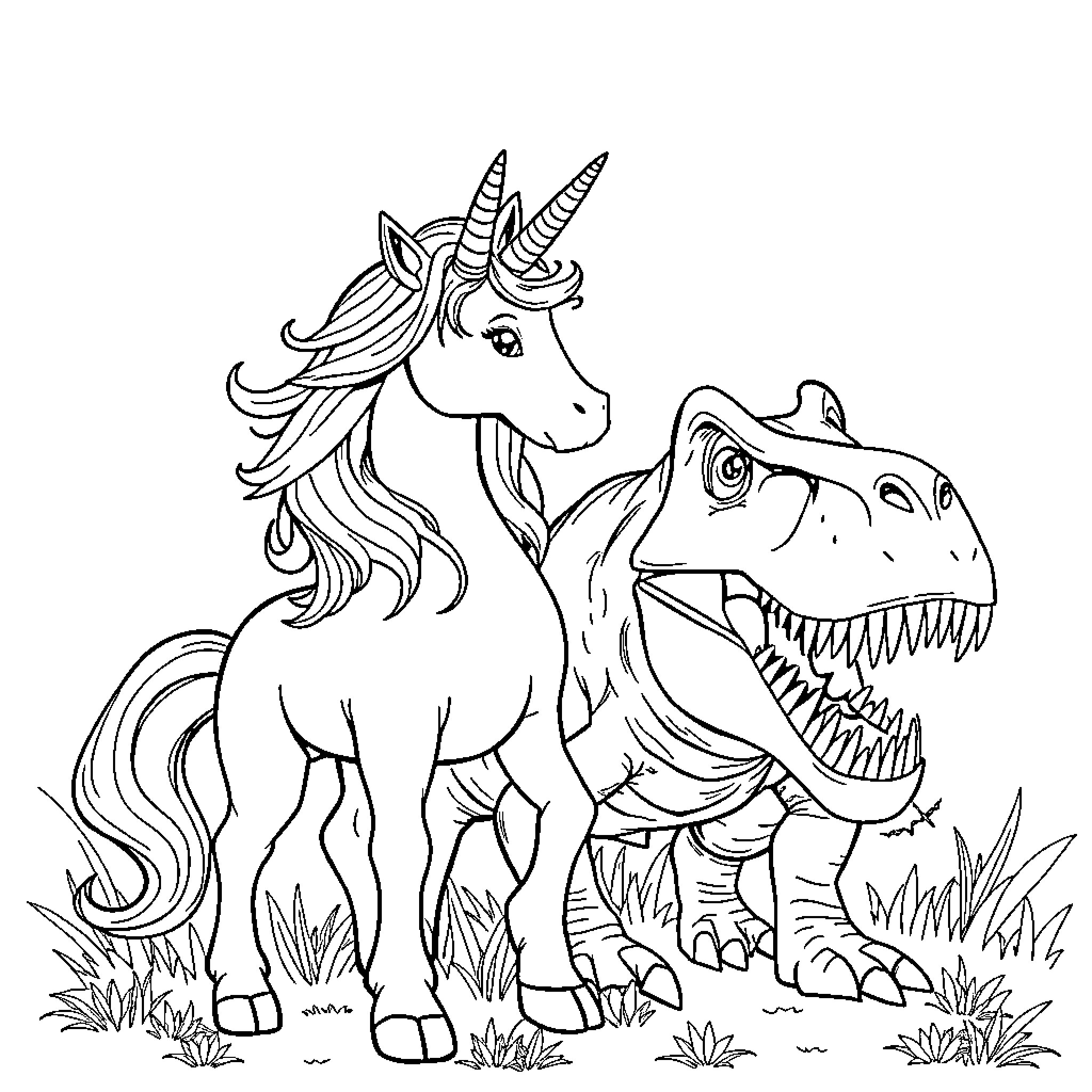 Unicorn and Dinosaur Encounter in Nature Coloring Page (free black-and-white line drawing printable PDF for all, from beginners to advanced learners, including children, teens, adults, and seniors)