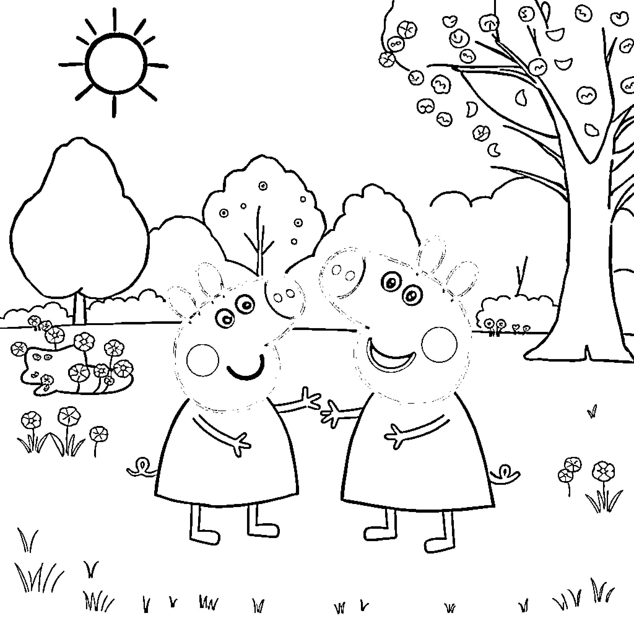 Peppa Pig friends having fun in nature Coloring Page (free black-and-white line drawing printable PDF for all, from beginners to advanced learners, including children, teens, adults, and seniors)