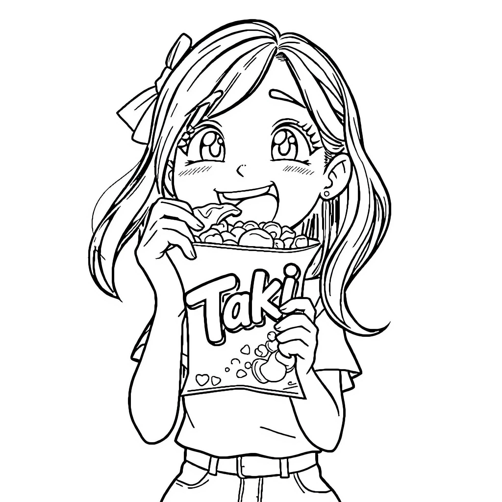 Girl enjoying a tasty snack Coloring Page (free black-and-white line drawing printable PDF for all, from beginners to advanced learners, including children, teens, adults, and seniors)