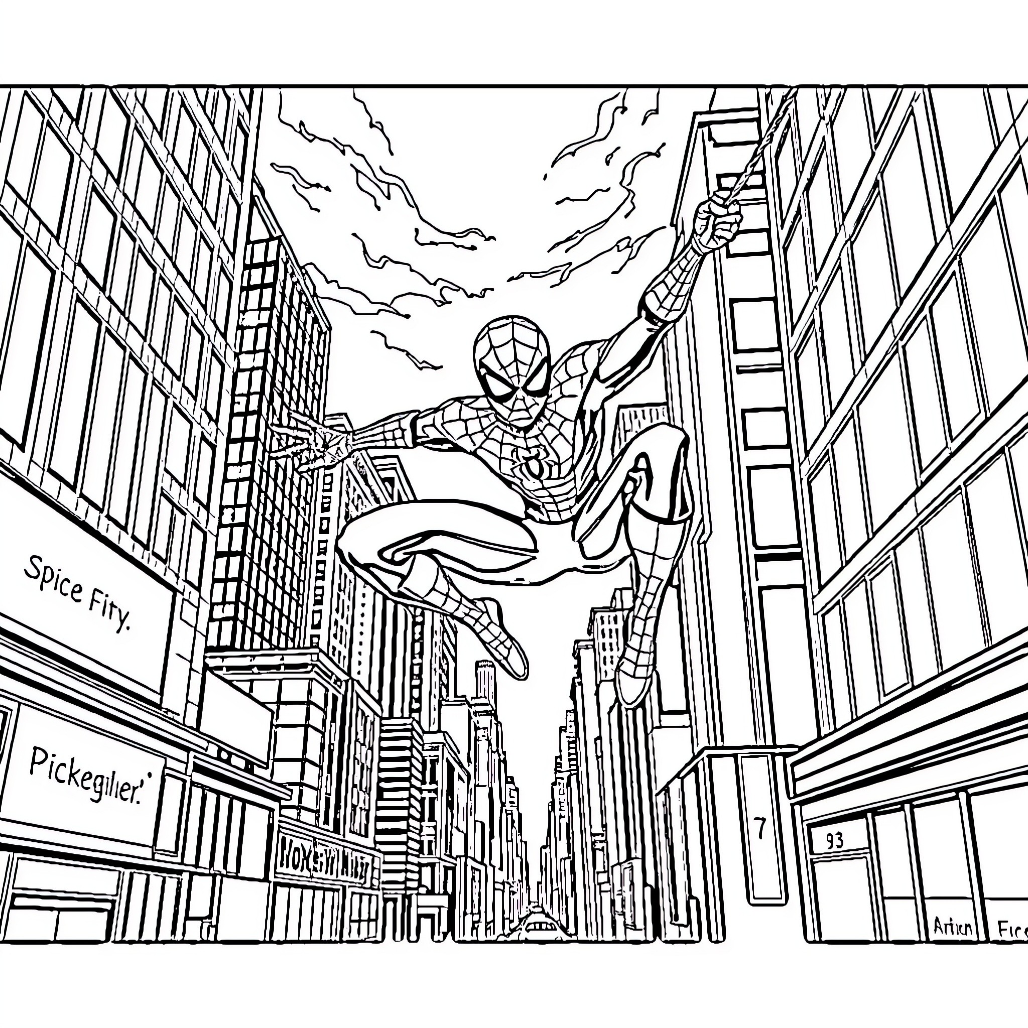 Spiderman swinging through the city skyline Coloring Page (free black-and-white line drawing printable PDF for all, from beginners to advanced learners, including children, teens, adults, and seniors)