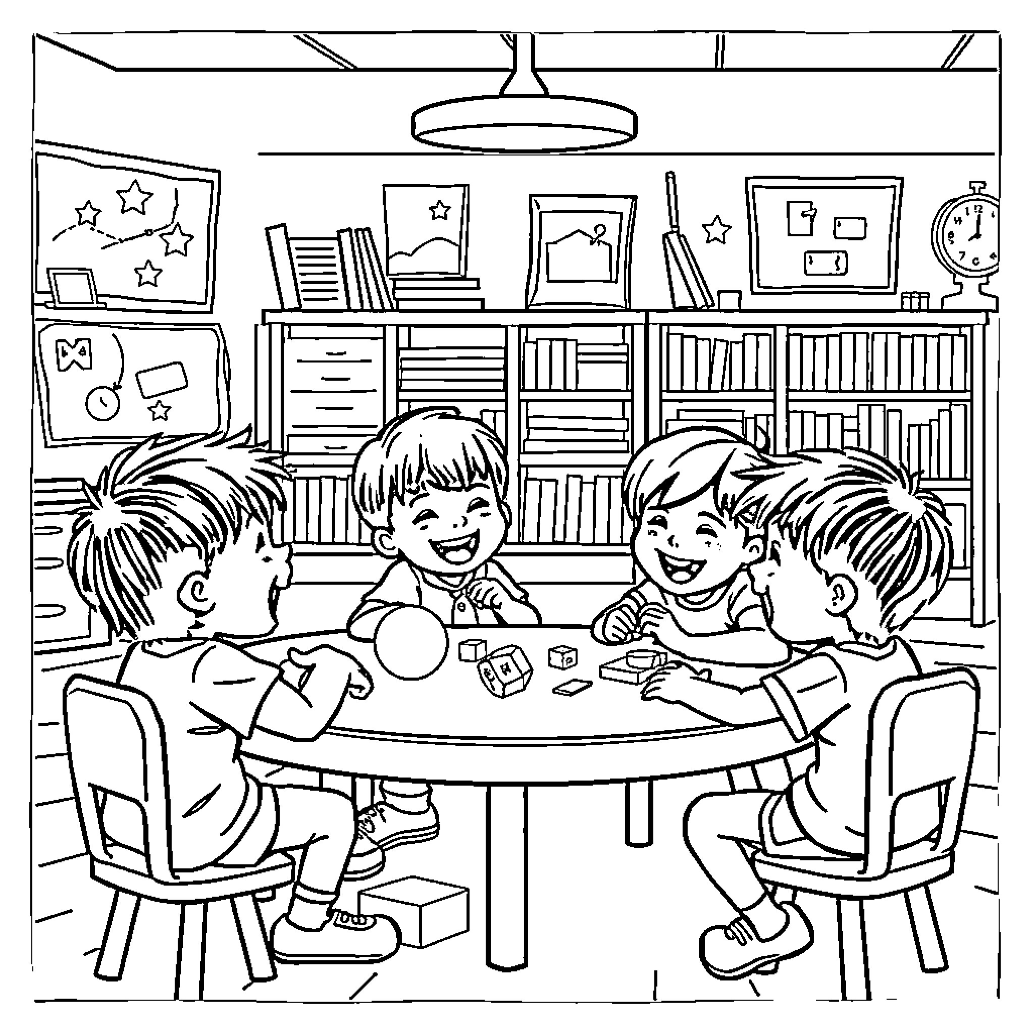 Kid Friends Playing Together in Classroom Coloring Page (free black-and-white line drawing printable PDF for all, from beginners to advanced learners, including children, teens, adults, and seniors)