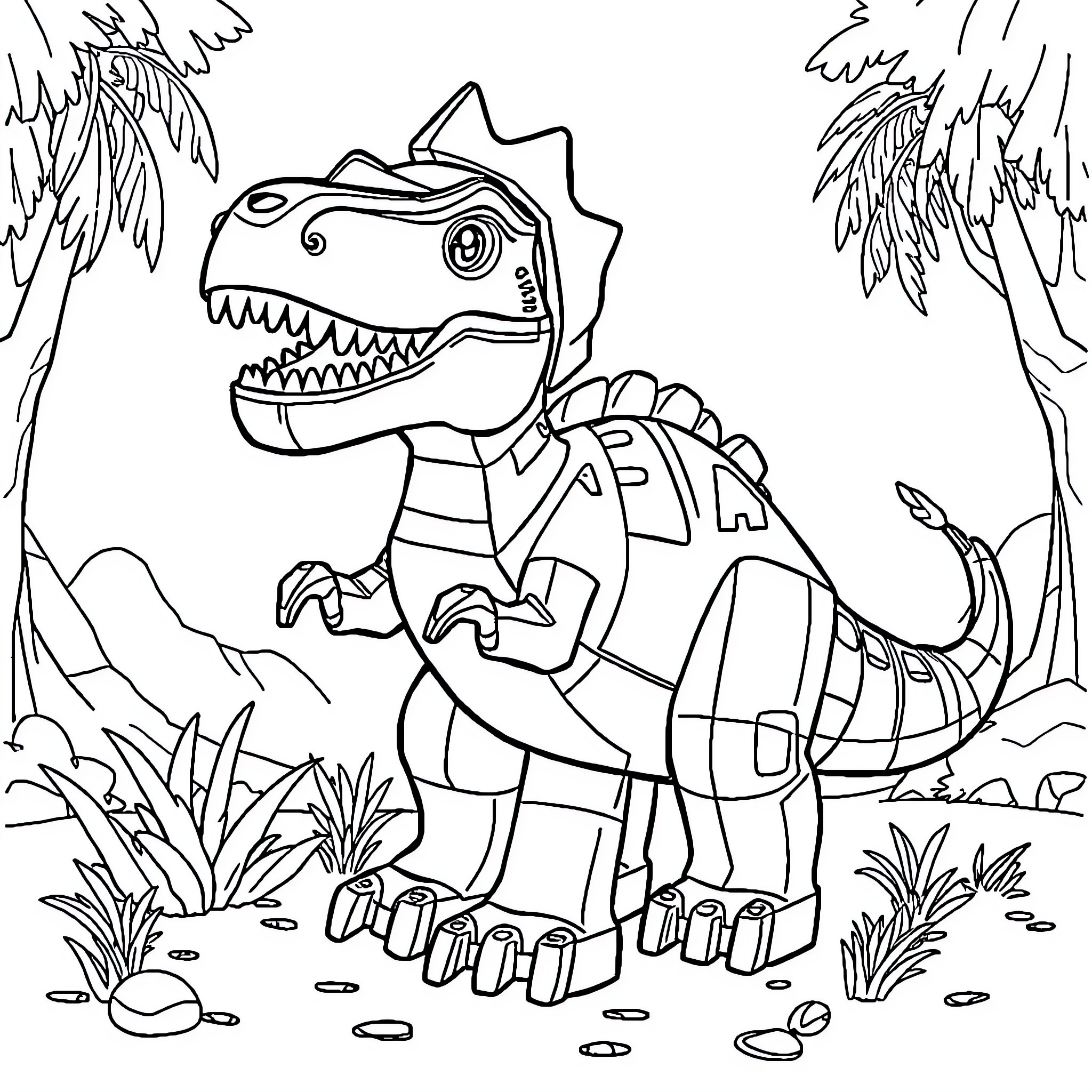 Dinosaur roaming the prehistoric landscape Coloring Page (free black-and-white line drawing printable PDF for all, from beginners to advanced learners, including children, teens, adults, and seniors)