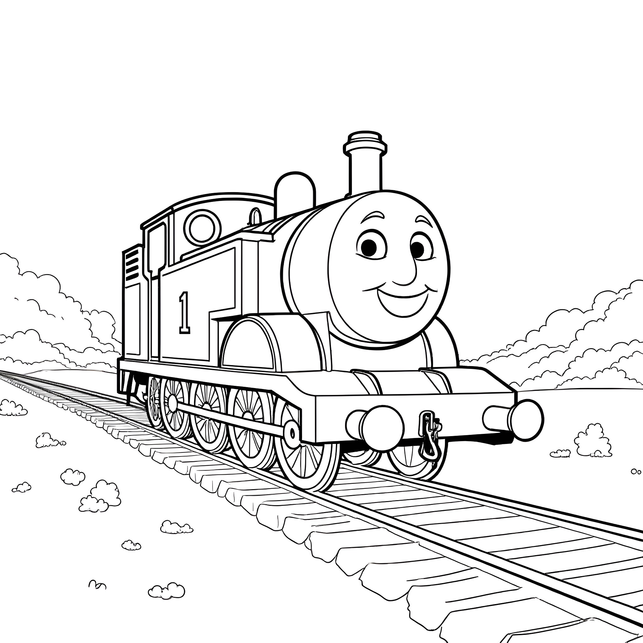 Thomas the Train Engine Happily Chugging on the Tracks Coloring Page (free black-and-white line drawing printable PDF for all, from beginners to advanced learners, including children, teens, adults, and seniors)