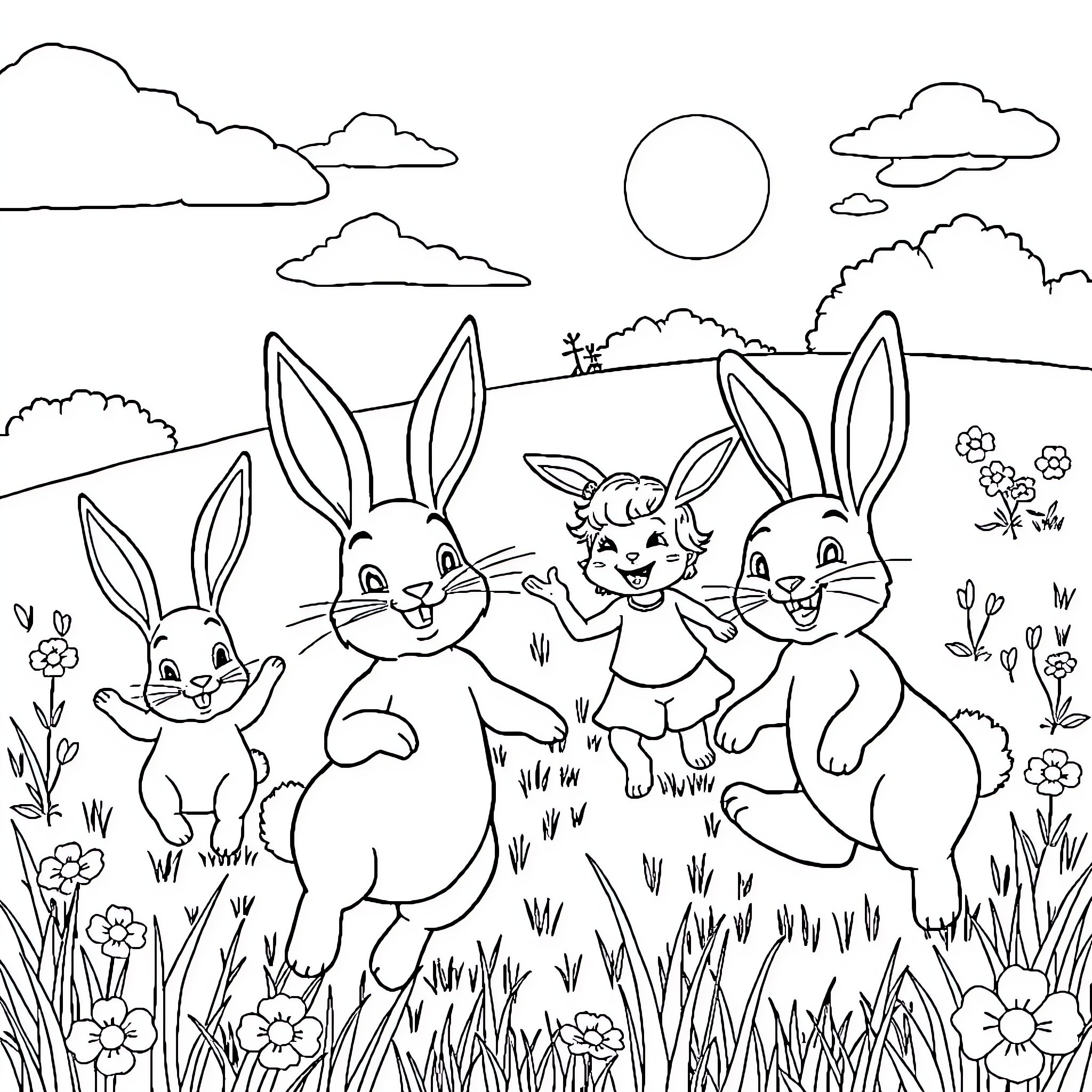 Bunny friends frolicking in the meadow Coloring Page (free black-and-white line drawing printable PDF for all, from beginners to advanced learners, including children, teens, adults, and seniors)