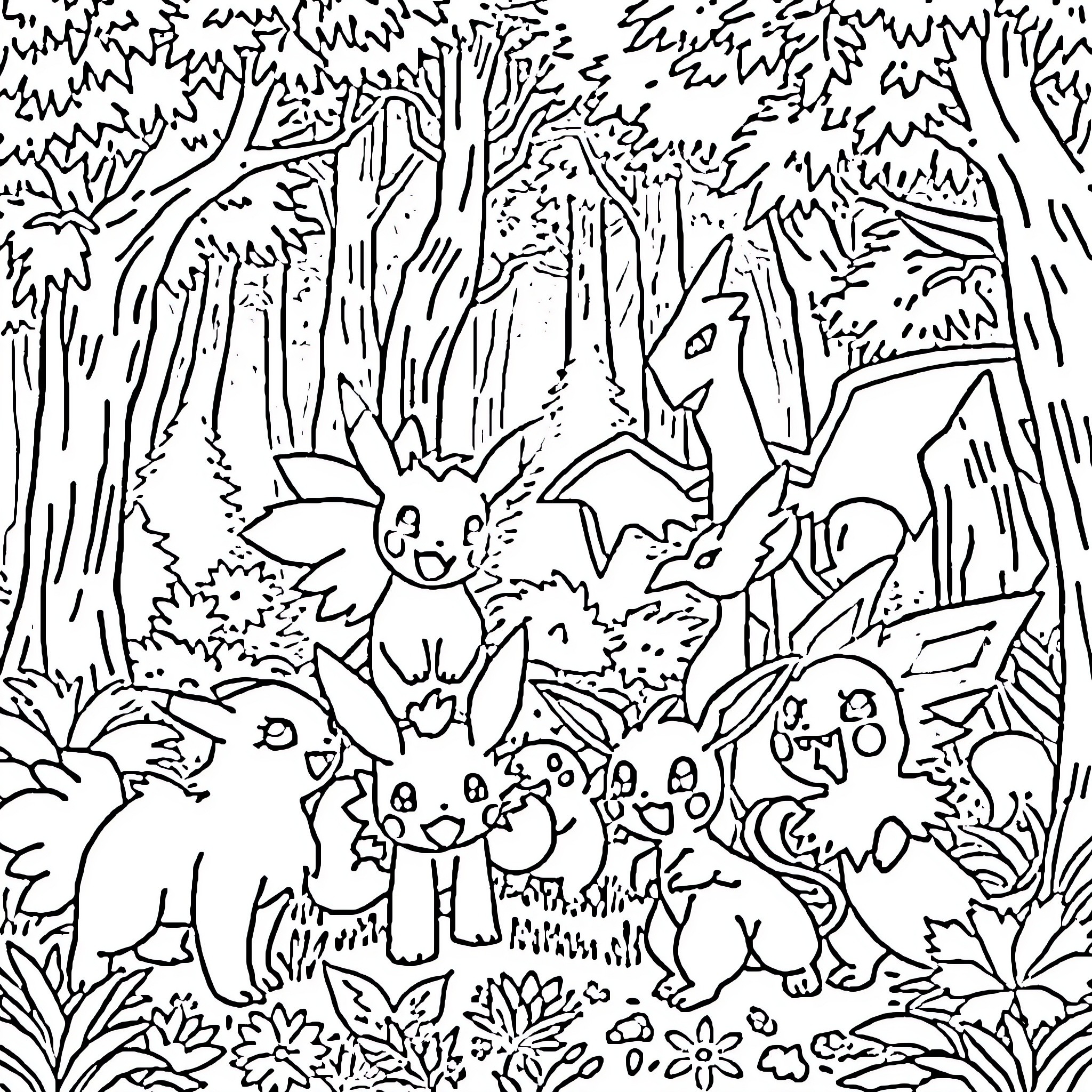 Pokémon enjoying a lively forest scene Coloring Page (free black-and-white line drawing printable PDF for all, from beginners to advanced learners, including children, teens, adults, and seniors)