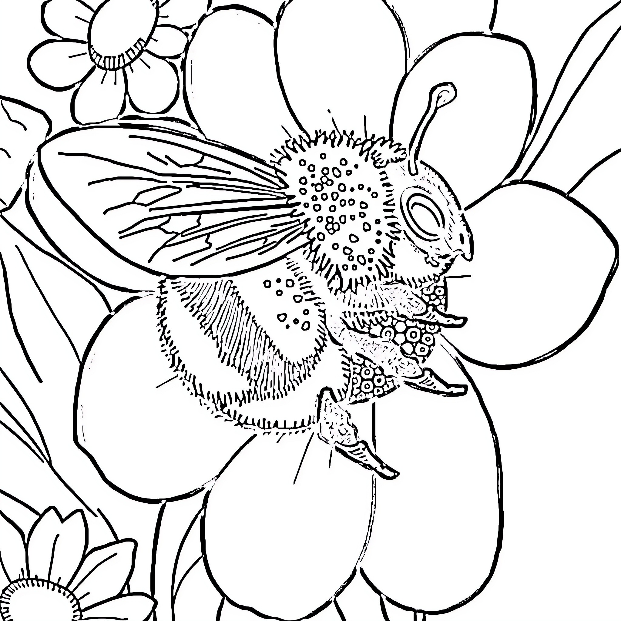 Bumble Bee pollinating a vibrant flower Coloring Page (free black-and-white line drawing printable PDF for all, from beginners to advanced learners, including children, teens, adults, and seniors)