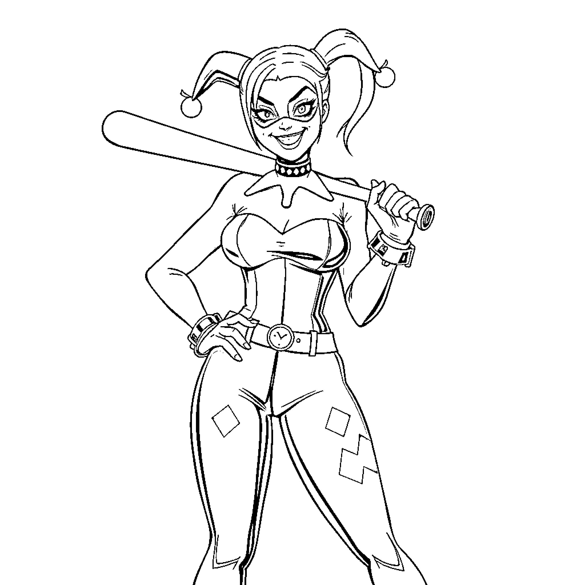 Harley Quinn with Mallet and Playful Demeanor Coloring Page (free black-and-white line drawing printable PDF for all, from beginners to advanced learners, including children, teens, adults, and seniors)