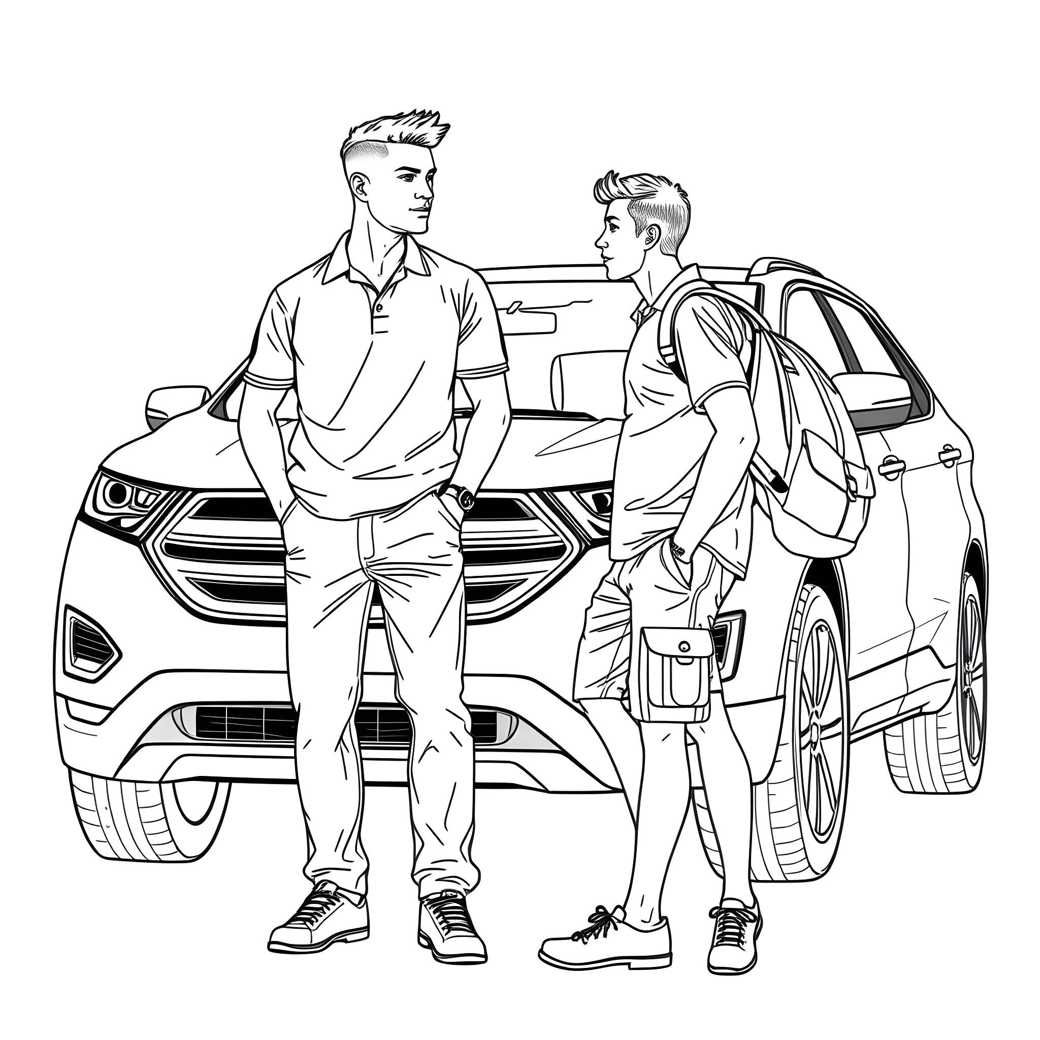 Teen Guys Conversing Next to Parked Car Coloring Page (free black-and-white line drawing printable PDF for all, from beginners to advanced learners, including children, teens, adults, and seniors)