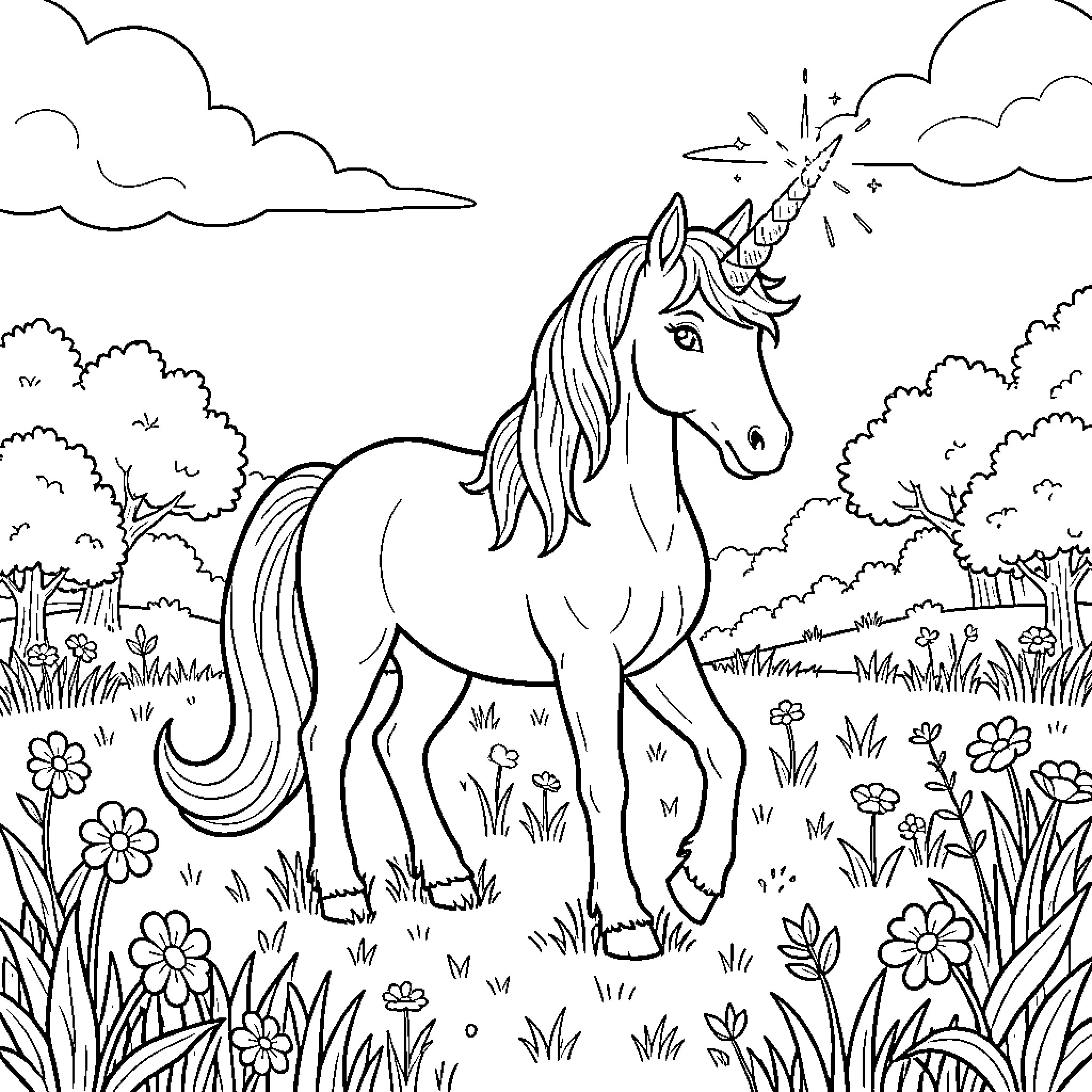 Unicorn standing majestically in a lush field Coloring Page (free black-and-white line drawing printable PDF for all, from beginners to advanced learners, including children, teens, adults, and seniors)