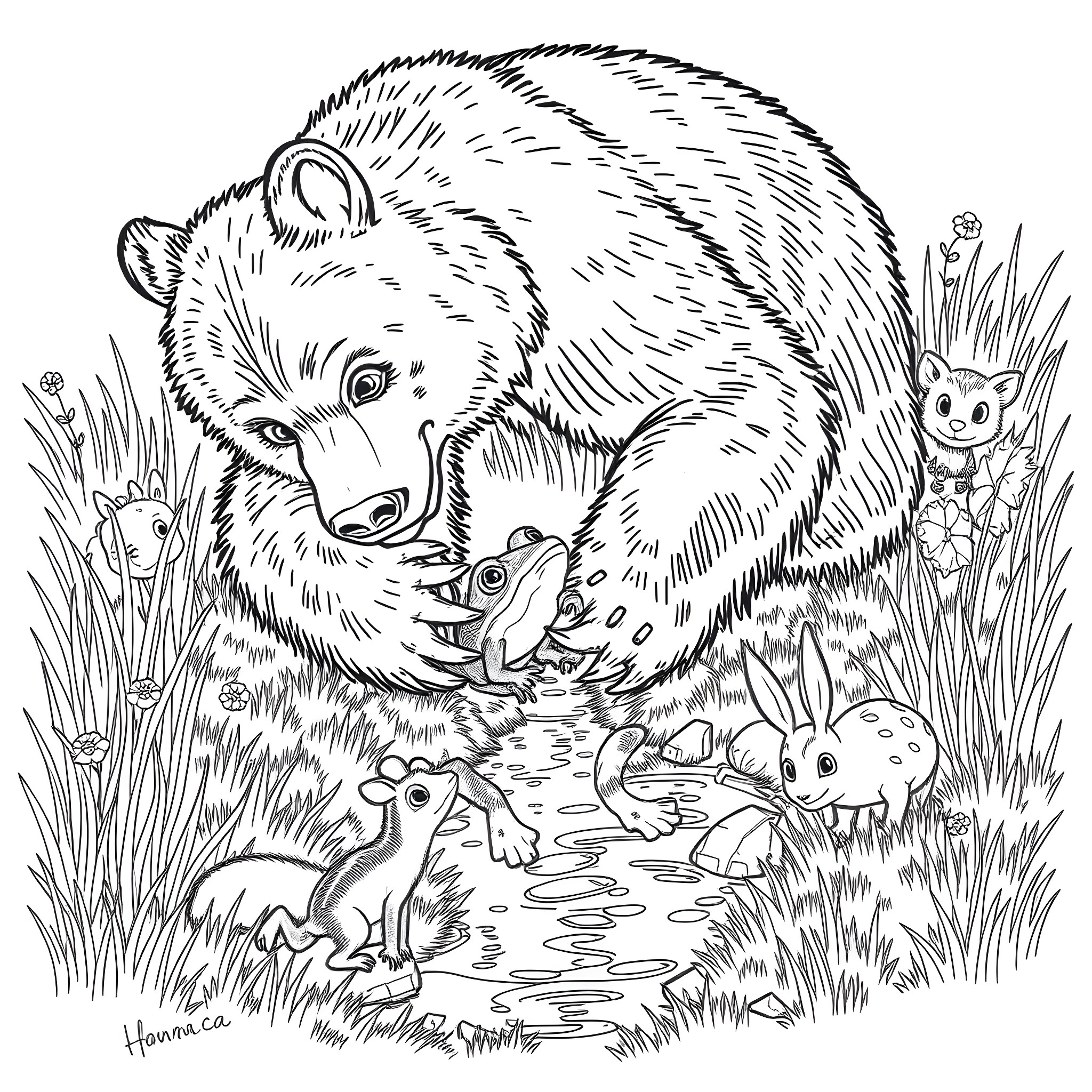 Bear caring for its young in nature Coloring Page (free black-and-white line drawing printable PDF for all, from beginners to advanced learners, including children, teens, adults, and seniors)