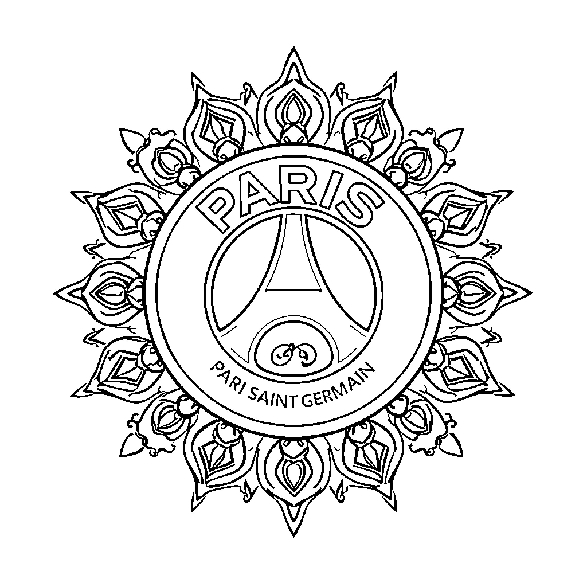 Paris Saint Germain Emblem with Floral Design Coloring Page (free black-and-white line drawing printable PDF for all, from beginners to advanced learners, including children, teens, adults, and seniors)