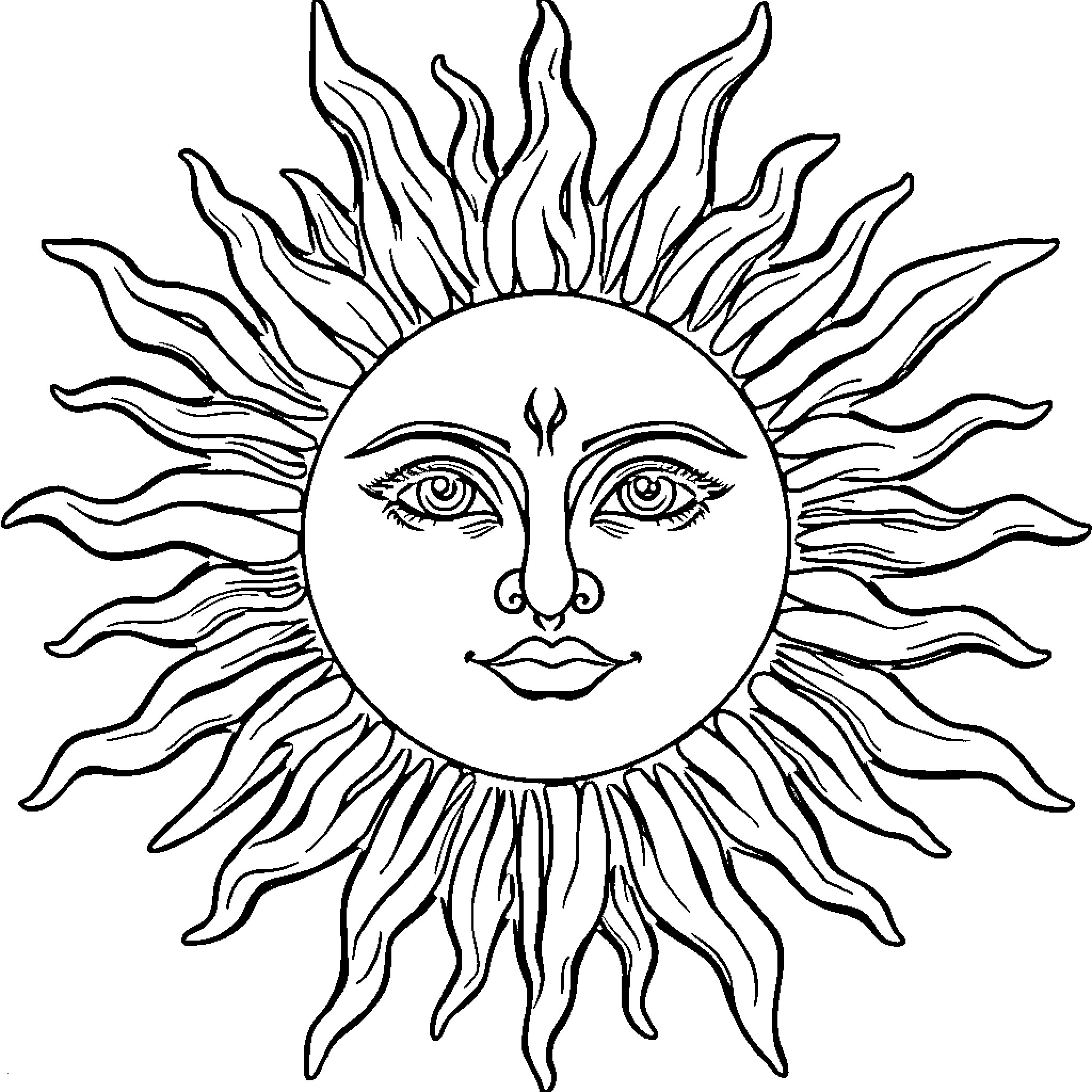 Sun shining brightly with a smiling face Coloring Page (free black-and-white line drawing printable PDF for all, from beginners to advanced learners, including children, teens, adults, and seniors)