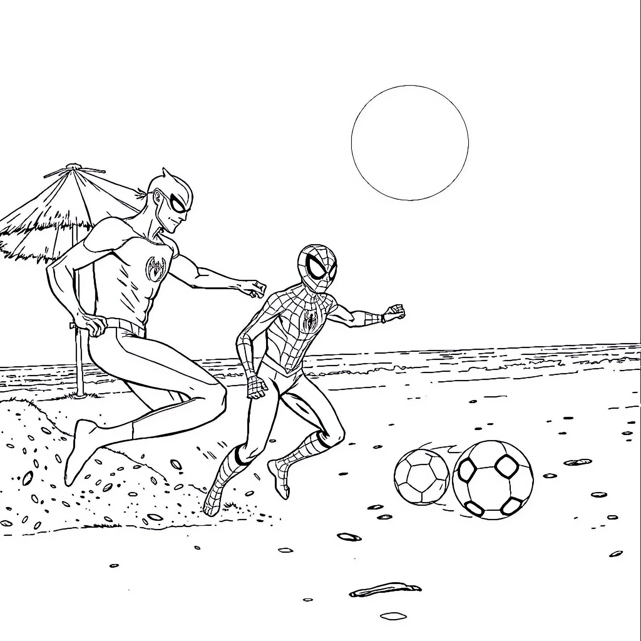 Flash Heroes Playing Soccer on the Beach Coloring Page (free black-and-white line drawing printable PDF for all, from beginners to advanced learners, including children, teens, adults, and seniors)