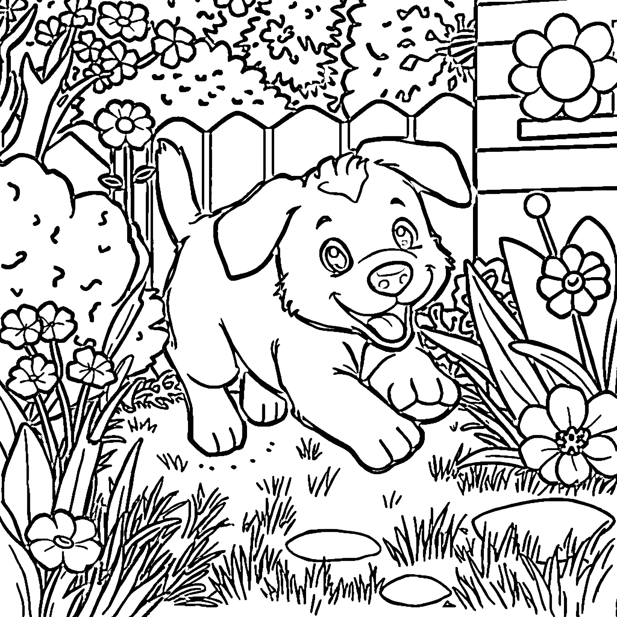 Bluey exploring a whimsical garden Coloring Page (free black-and-white line drawing printable PDF for all, from beginners to advanced learners, including children, teens, adults, and seniors)