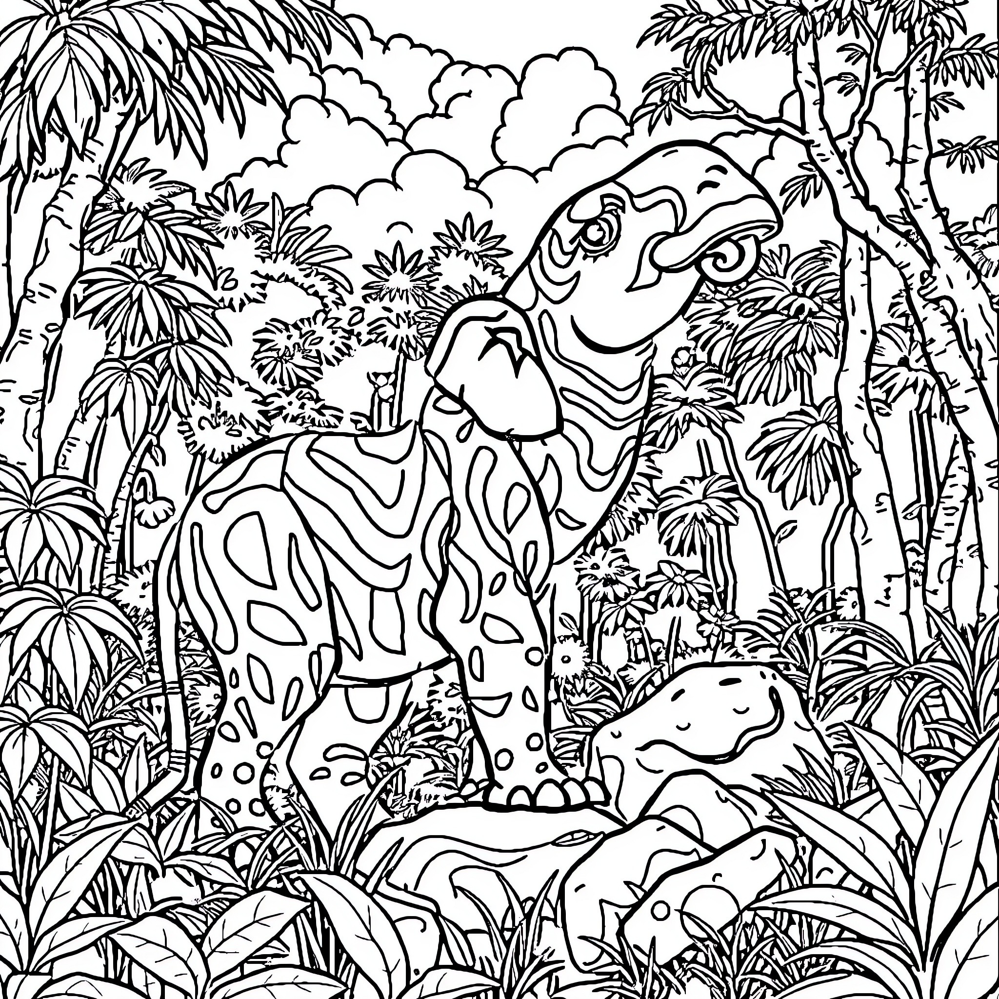 Elephant exploring the vibrant jungle landscape Coloring Page (free black-and-white line drawing printable PDF for all, from beginners to advanced learners, including children, teens, adults, and seniors)