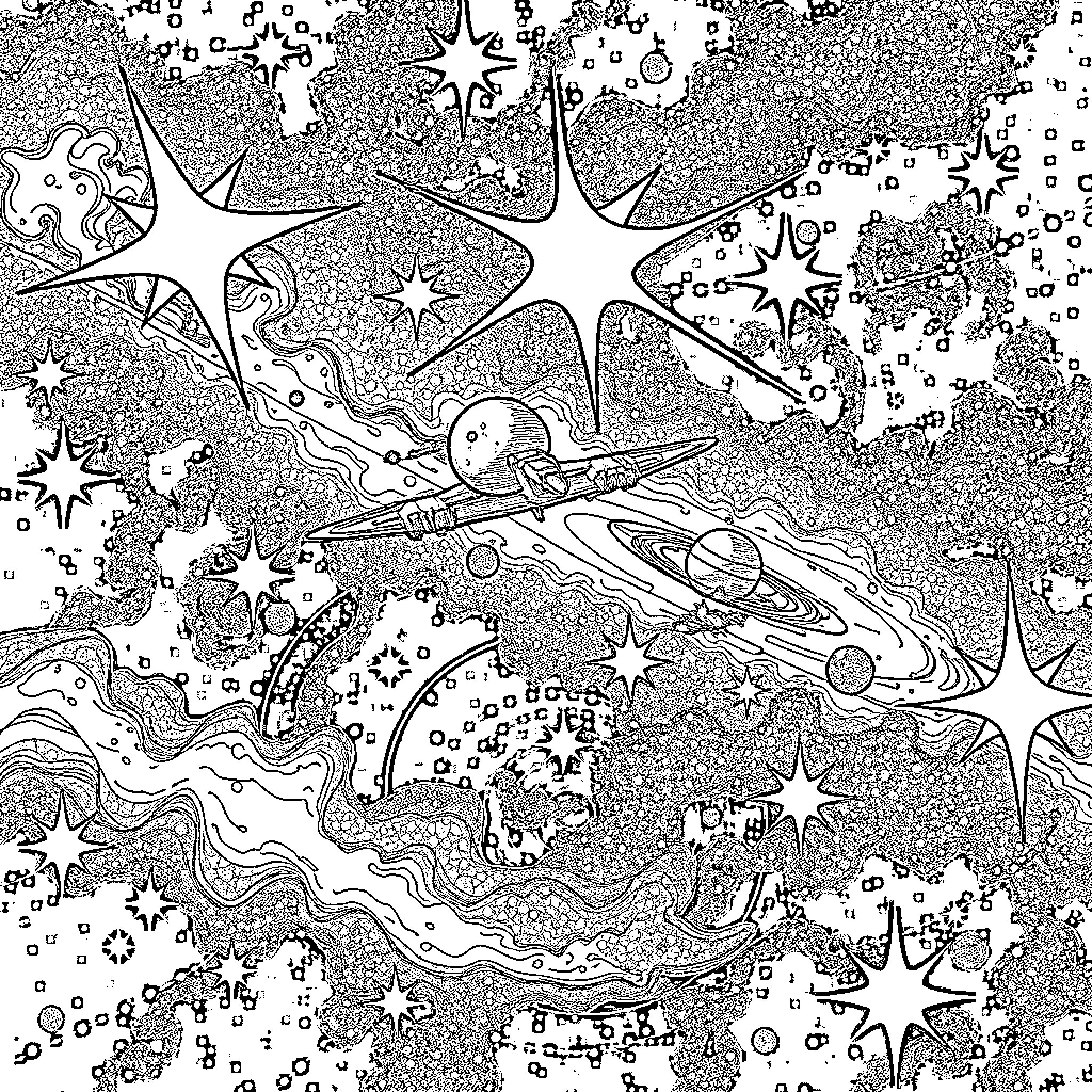 Space scene with intricate star formations Coloring Page (free black-and-white line drawing printable PDF for all, from beginners to advanced learners, including children, teens, adults, and seniors)