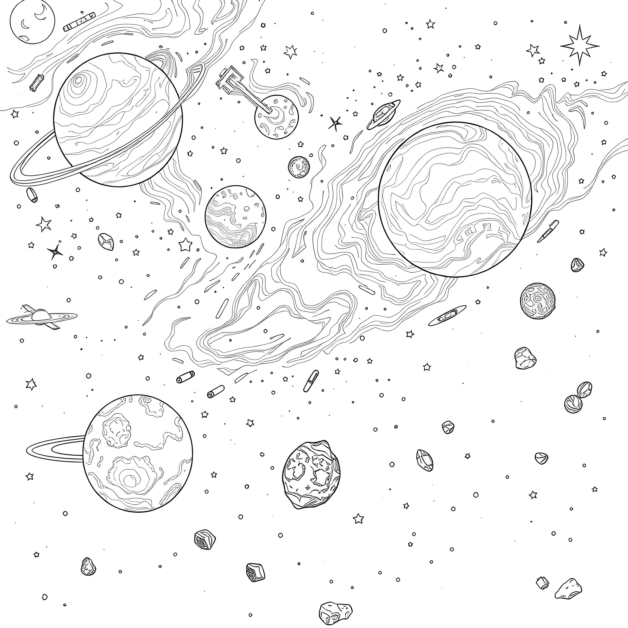 Planet Exploration in the Starry Universe Coloring Page (free black-and-white line drawing printable PDF for all, from beginners to advanced learners, including children, teens, adults, and seniors)