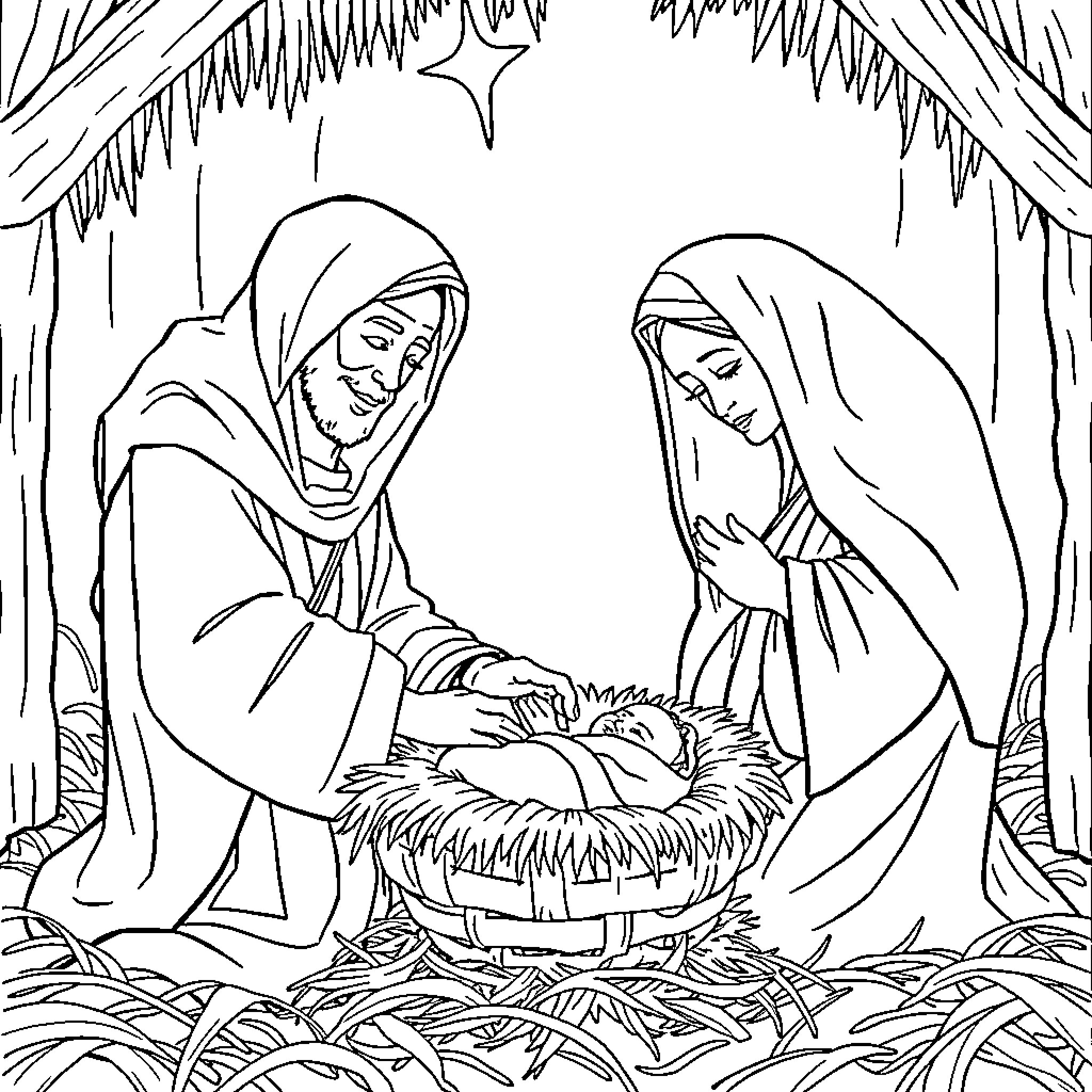 Saint Joseph Gazing at the Newborn Jesus Coloring Page (free black-and-white line drawing printable PDF for all, from beginners to advanced learners, including children, teens, adults, and seniors)