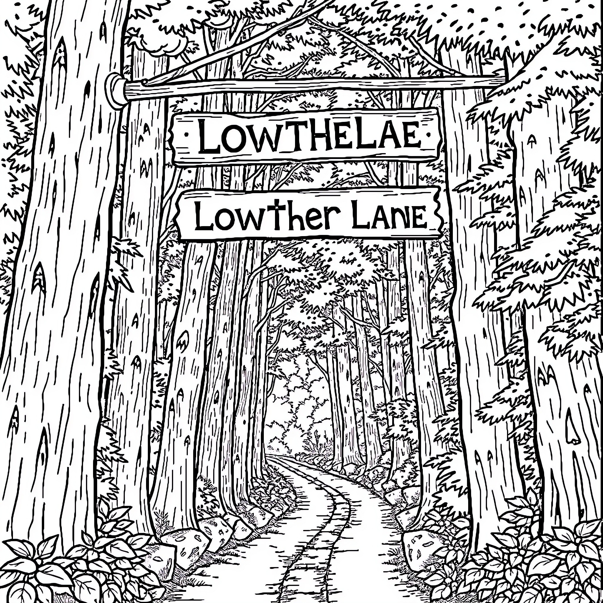 Sign for a Serene Forest Trail Coloring Page (free black-and-white line drawing printable PDF for all, from beginners to advanced learners, including children, teens, adults, and seniors)
