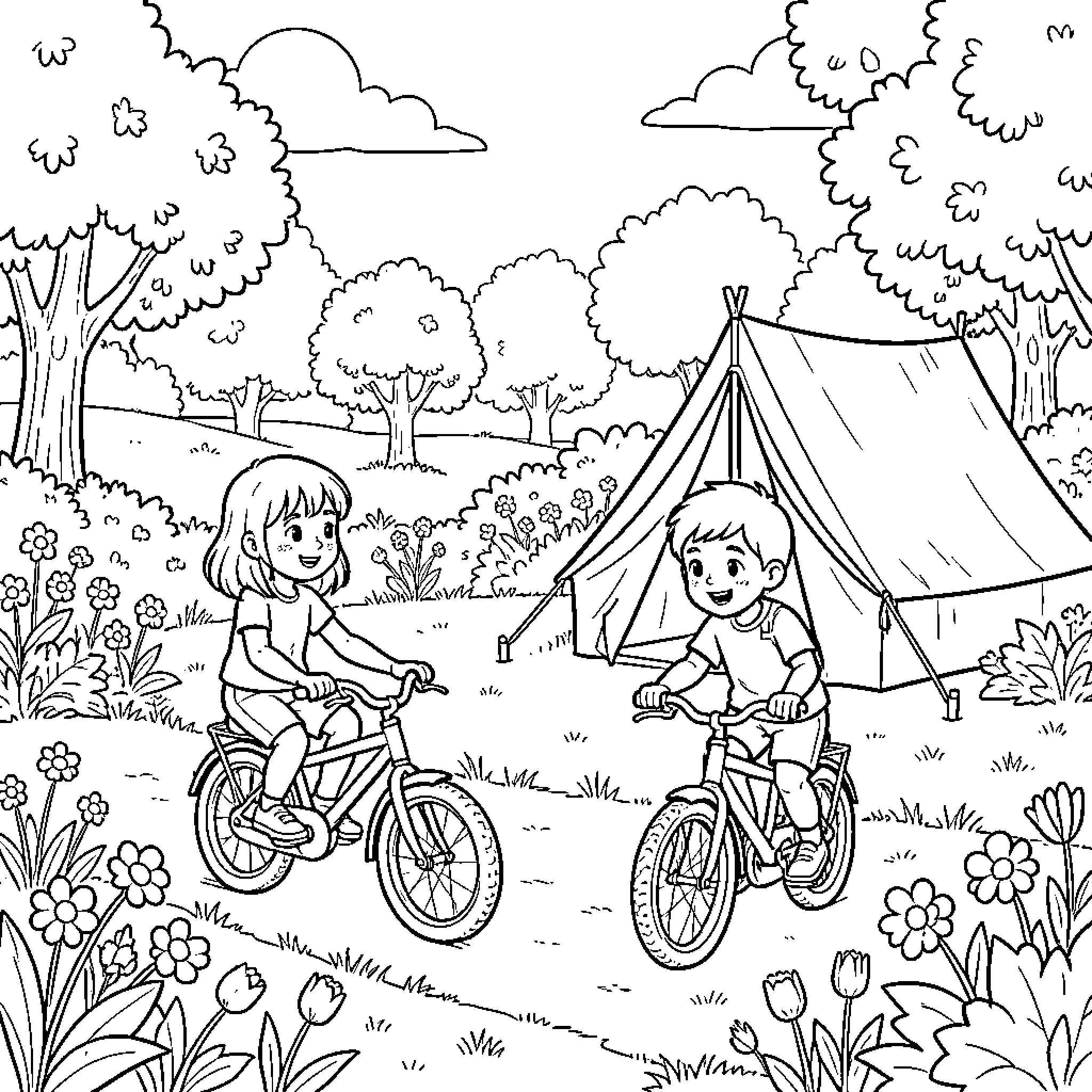 Enfant riding bicycles near a camping tent Coloring Page (free black-and-white line drawing printable PDF for all, from beginners to advanced learners, including children, teens, adults, and seniors)