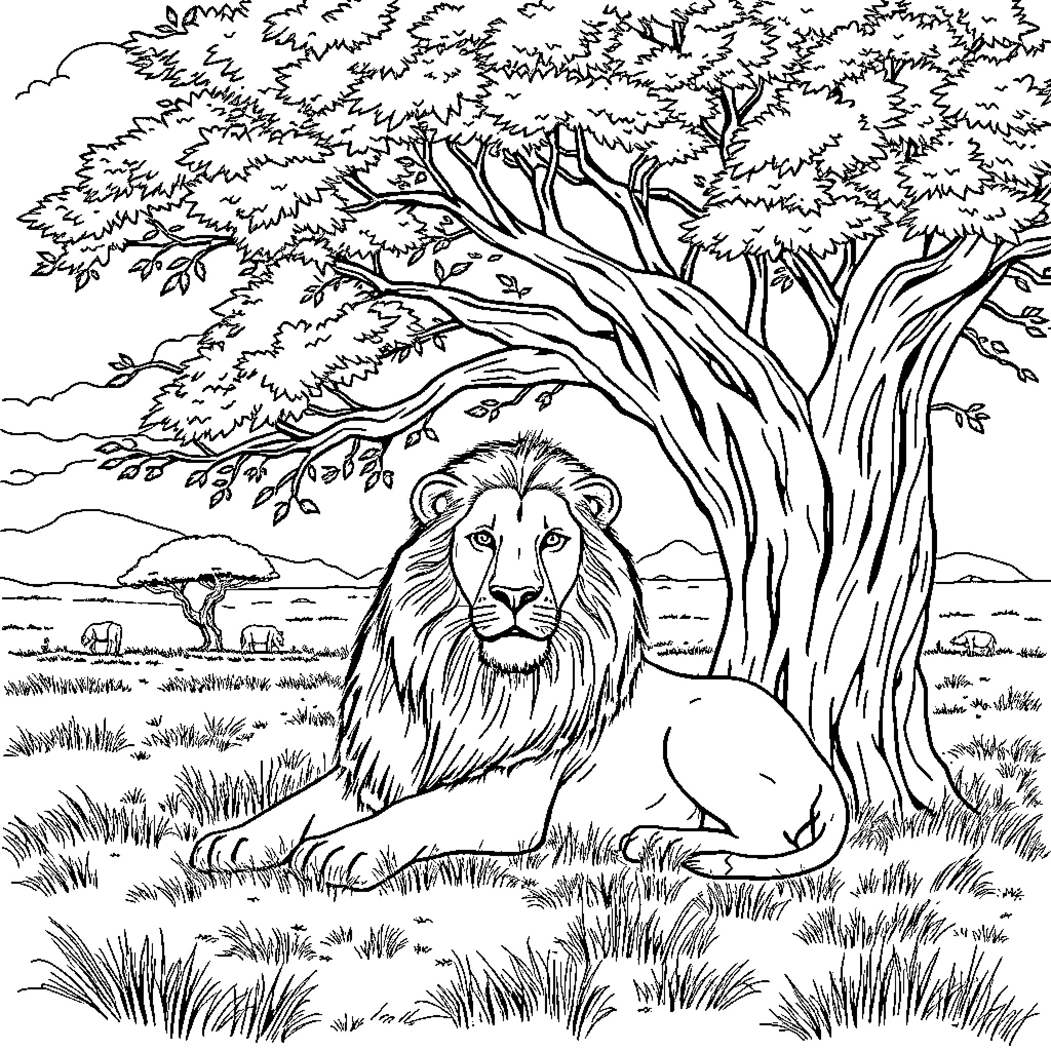 Lion resting under a large tree in the wild Coloring Page (free black-and-white line drawing printable PDF for all, from beginners to advanced learners, including children, teens, adults, and seniors)