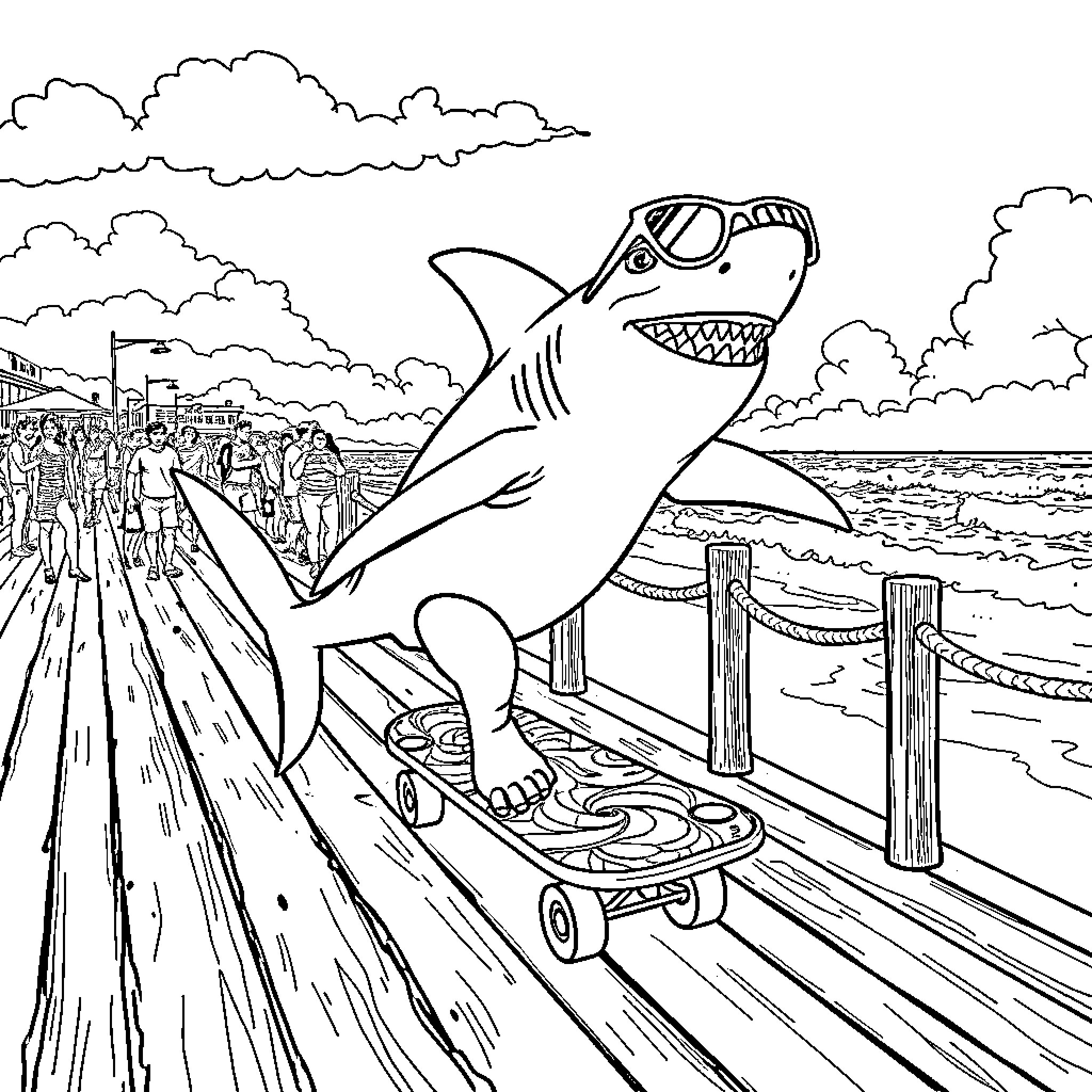 Shark riding a skateboard on the boardwalk Coloring Page (free black-and-white line drawing printable PDF for all, from beginners to advanced learners, including children, teens, adults, and seniors)