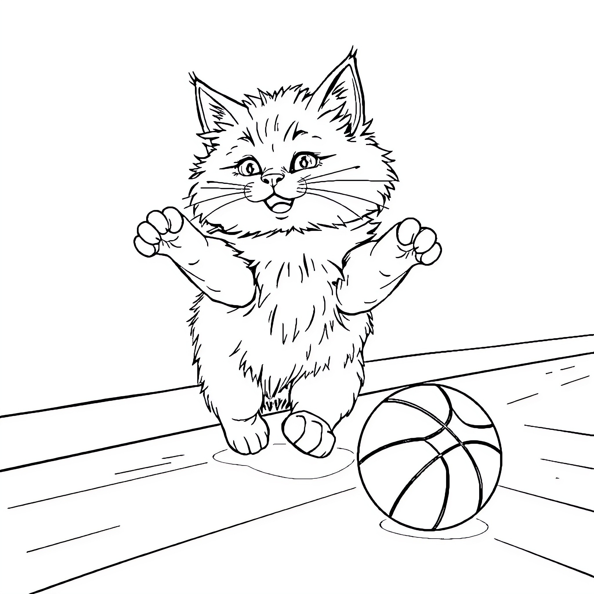 Cat Playing with Basketball Coloring Page (free black-and-white line drawing printable PDF for all, from beginners to advanced learners, including children, teens, adults, and seniors)