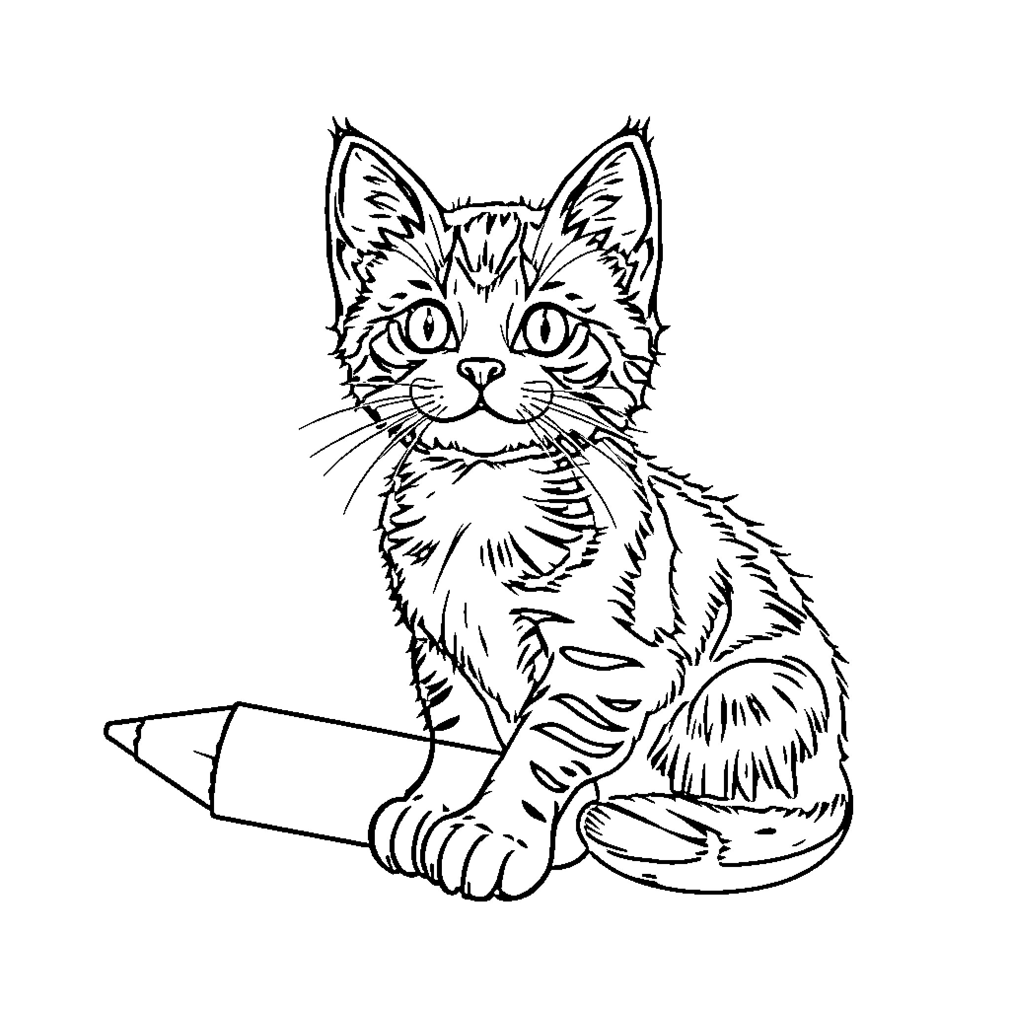 Cat with Pencil Drawing Coloring Page (free black-and-white line drawing printable PDF for all, from beginners to advanced learners, including children, teens, adults, and seniors)