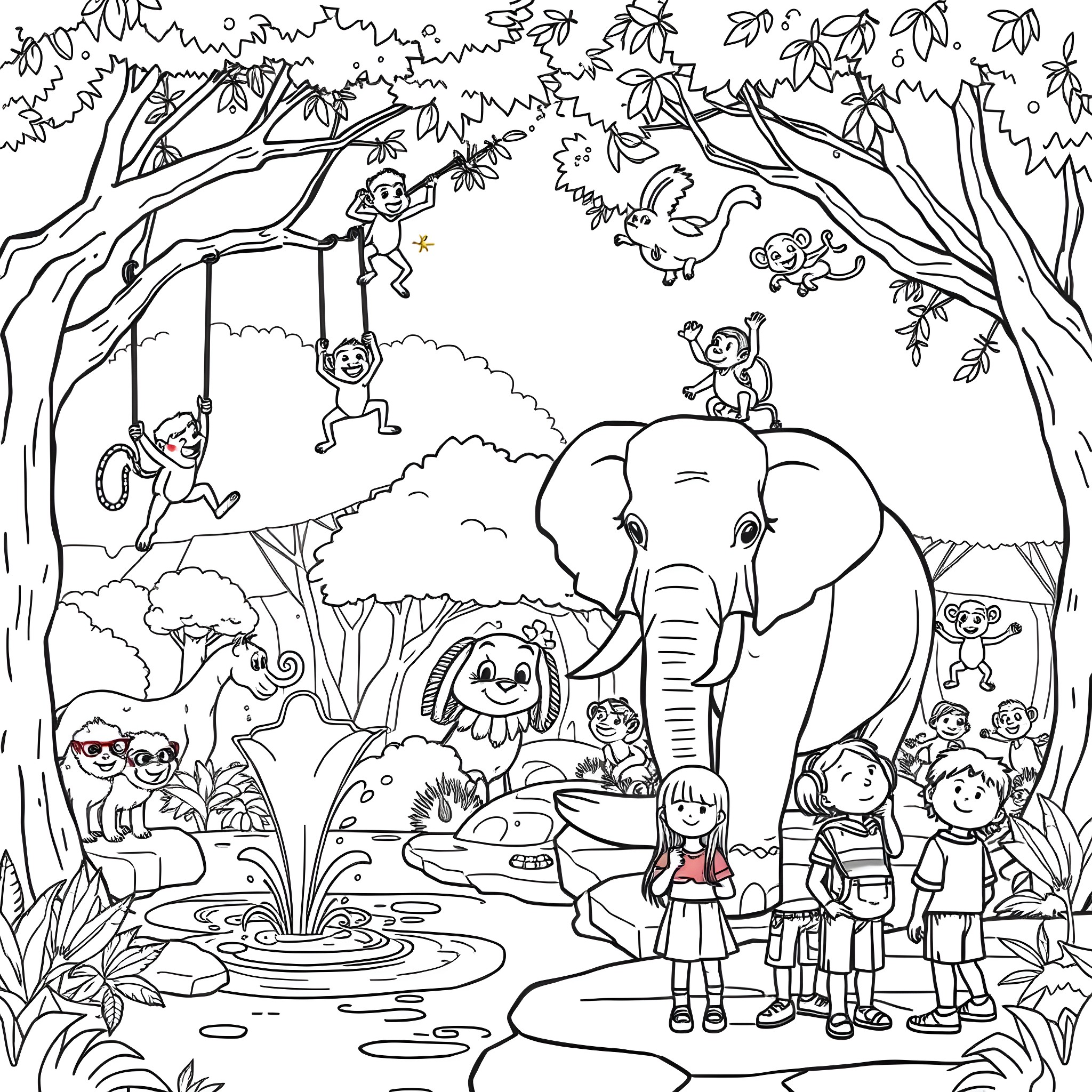 Zoo Scenes with Animals and Children in the Wild Coloring Page (free black-and-white line drawing printable PDF for all, from beginners to advanced learners, including children, teens, adults, and seniors)