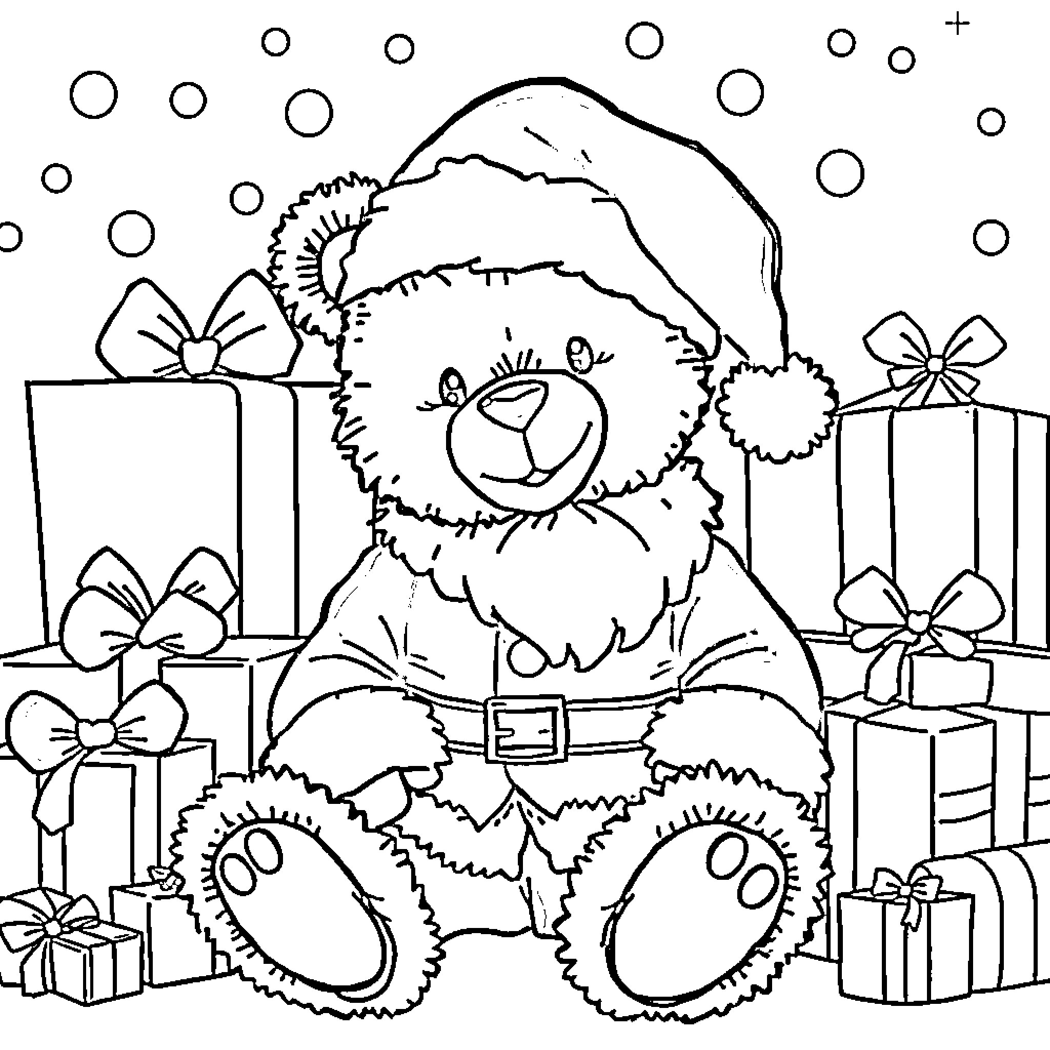 Teddy Bear enjoying Christmas presents Coloring Page (free black-and-white line drawing printable PDF for all, from beginners to advanced learners, including children, teens, adults, and seniors)