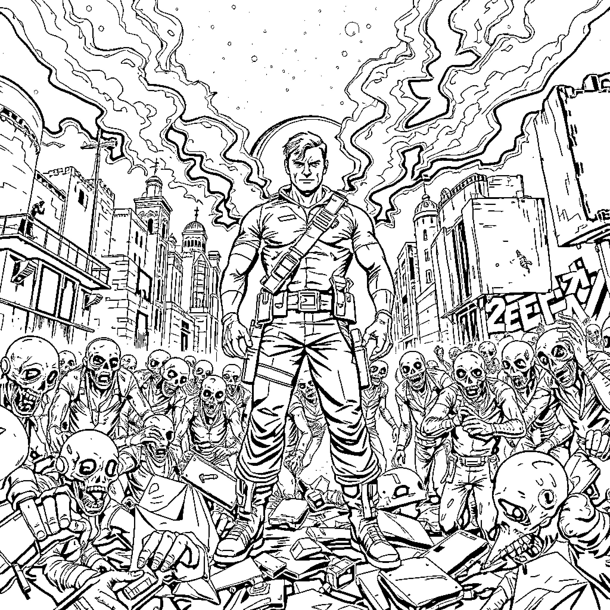 G.I. Joe Battles Zombies in Post-Apocalyptic City Coloring Page (free black-and-white line drawing printable PDF for all, from beginners to advanced learners, including children, teens, adults, and seniors)