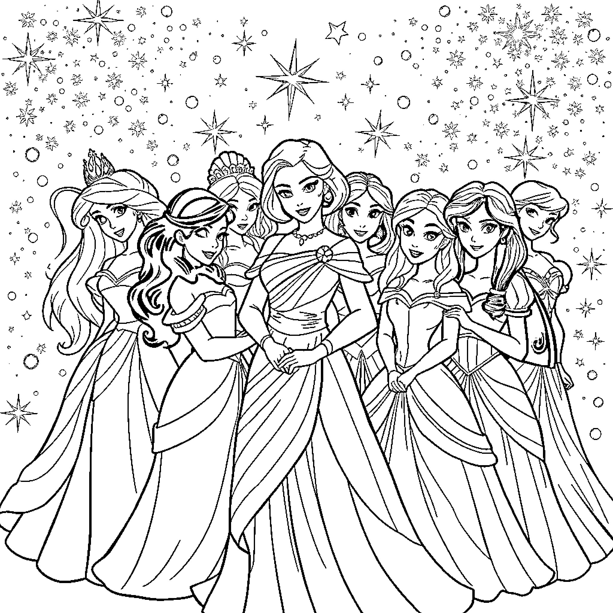 Princess Starcrossed Celebration in Glittering Starlit Sky Coloring Page (free black-and-white line drawing printable PDF for all, from beginners to advanced learners, including children, teens, adults, and seniors)