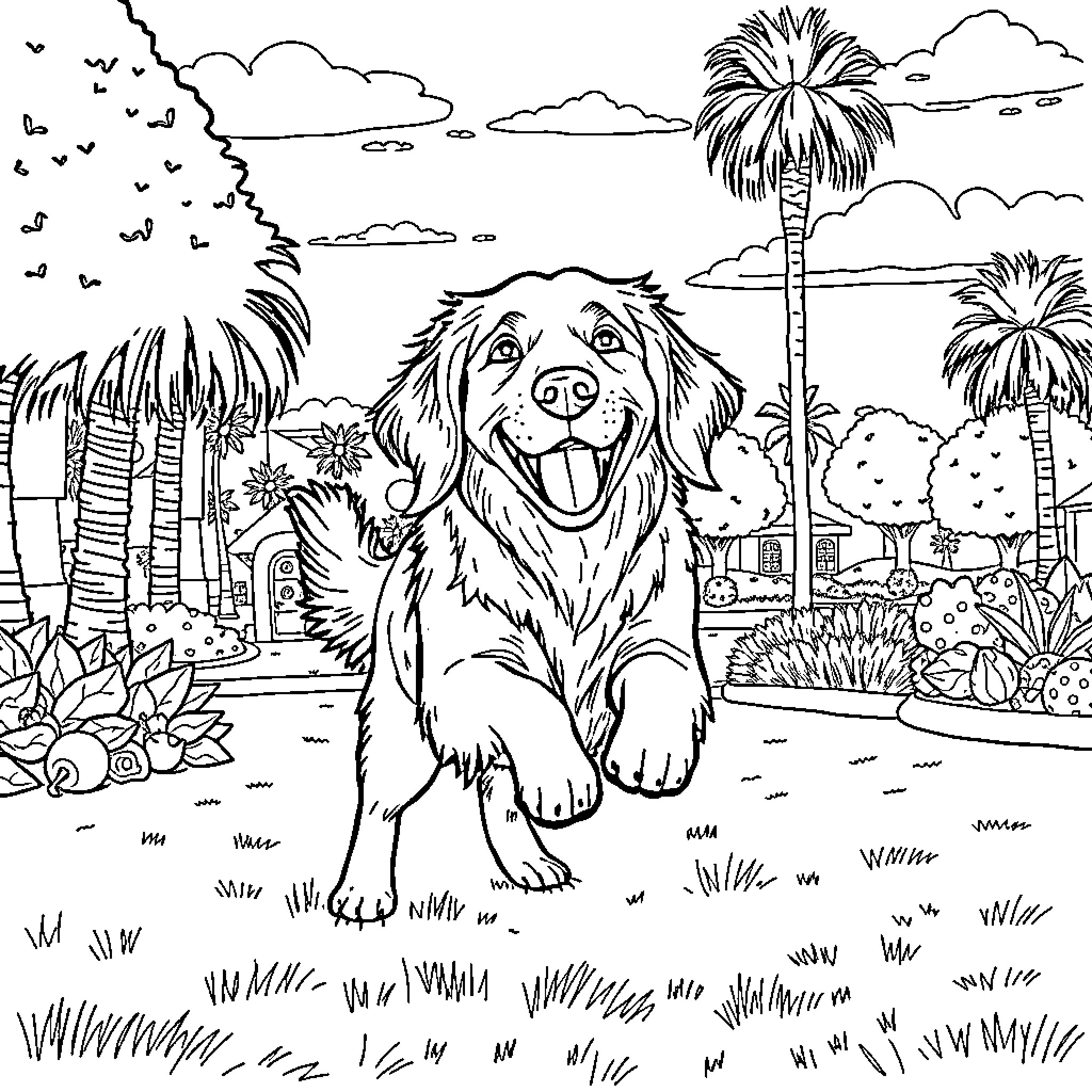 Dog joyfully in tropical nature scene Coloring Page (free black-and-white line drawing printable PDF for all, from beginners to advanced learners, including children, teens, adults, and seniors)