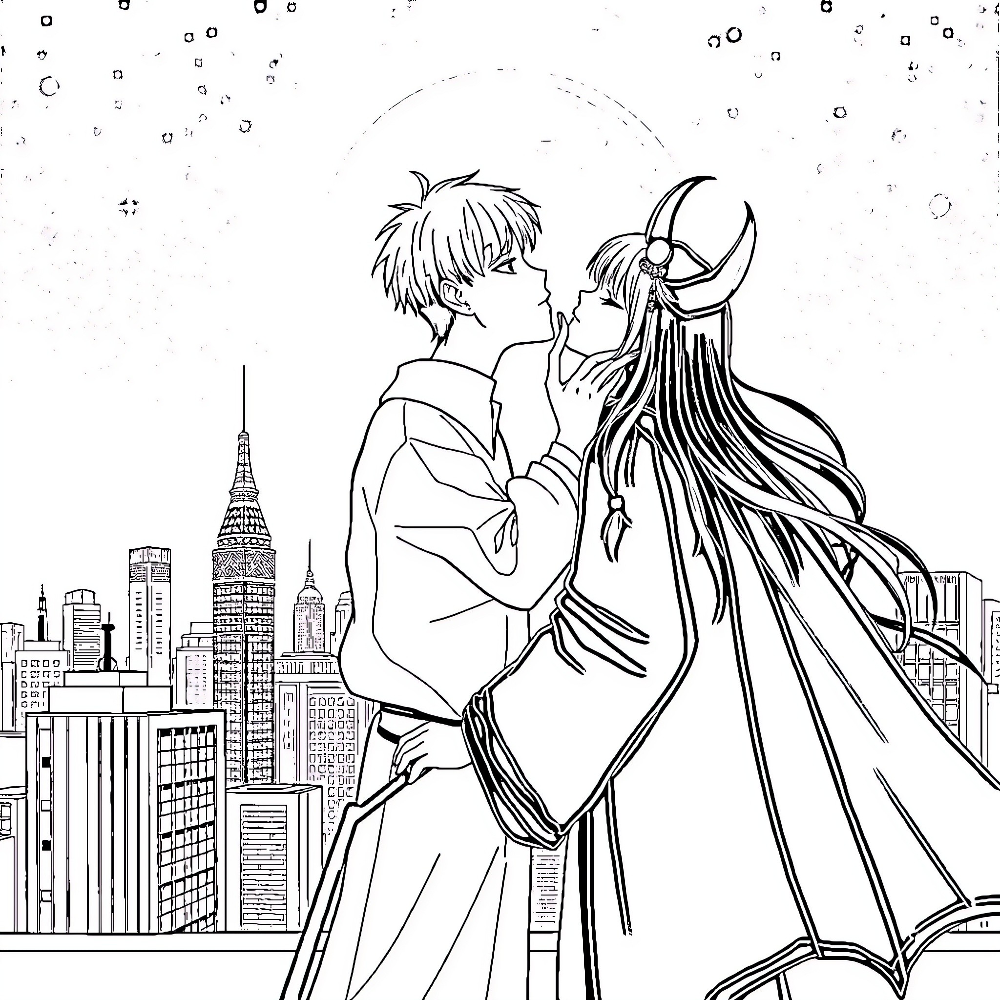 K Pop Couple Embracing on NYC Cityscape Coloring Page (free black-and-white line drawing printable PDF for all, from beginners to advanced learners, including children, teens, adults, and seniors)