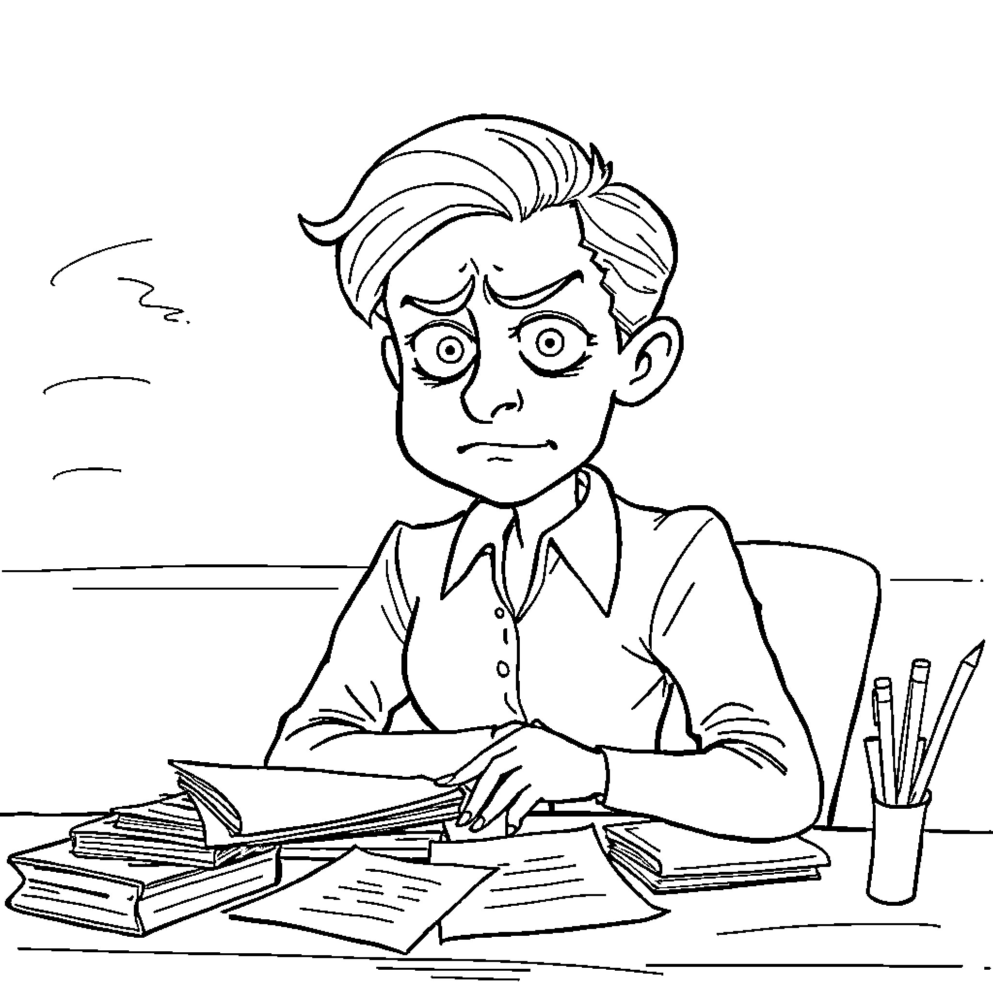 Teacher working diligently at desk with books Coloring Page (free black-and-white line drawing printable PDF for all, from beginners to advanced learners, including children, teens, adults, and seniors)