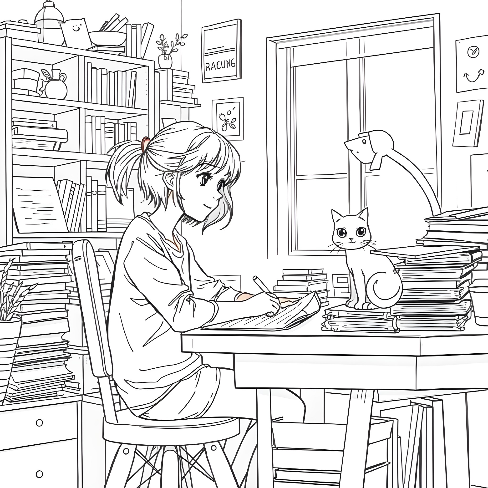 Girl studying diligently in her cozy home workspace Coloring Page (free black-and-white line drawing printable PDF for all, from beginners to advanced learners, including children, teens, adults, and seniors)
