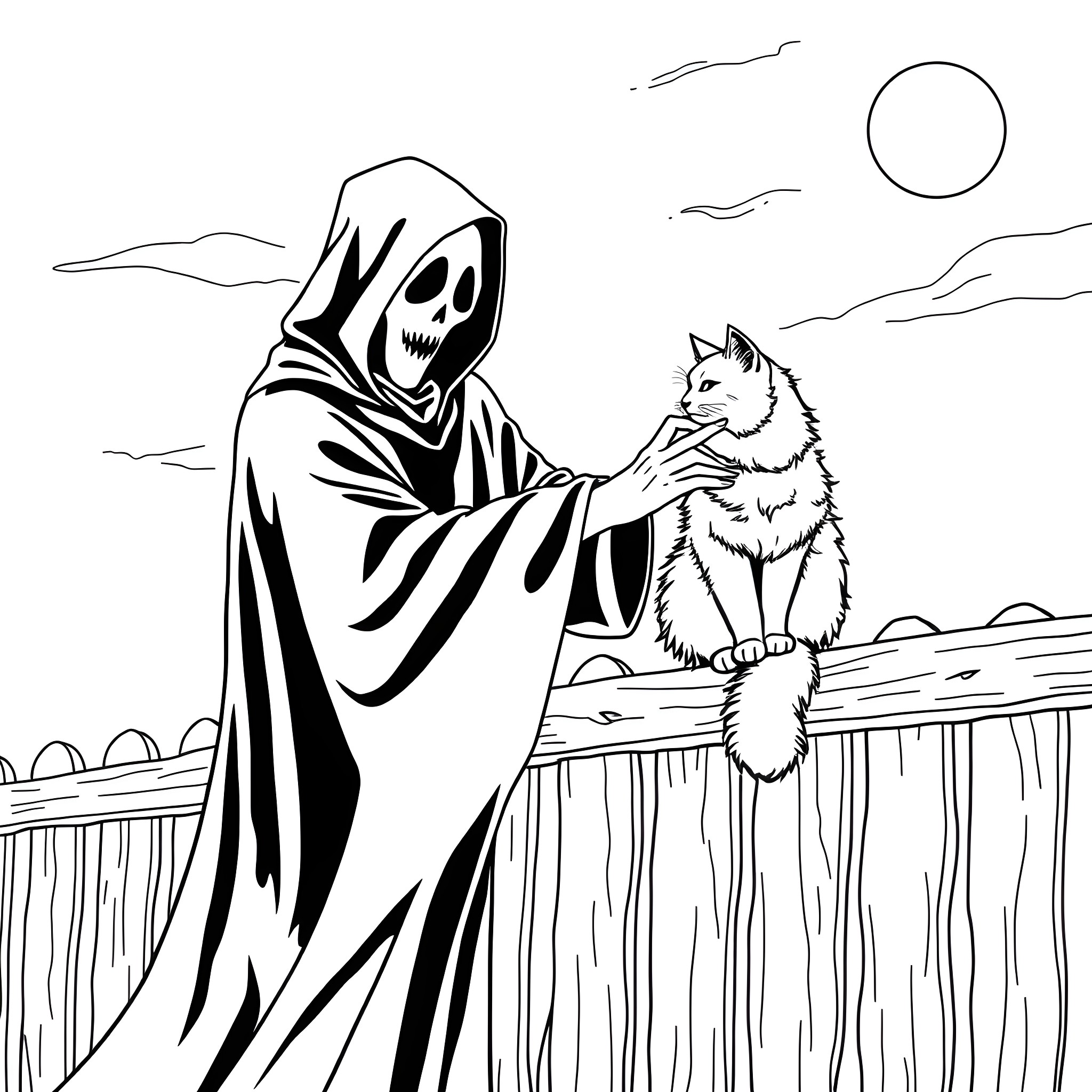Ghost Face in Eerie Encounter with Feline Companion Coloring Page (free black-and-white line drawing printable PDF for all, from beginners to advanced learners, including children, teens, adults, and seniors)