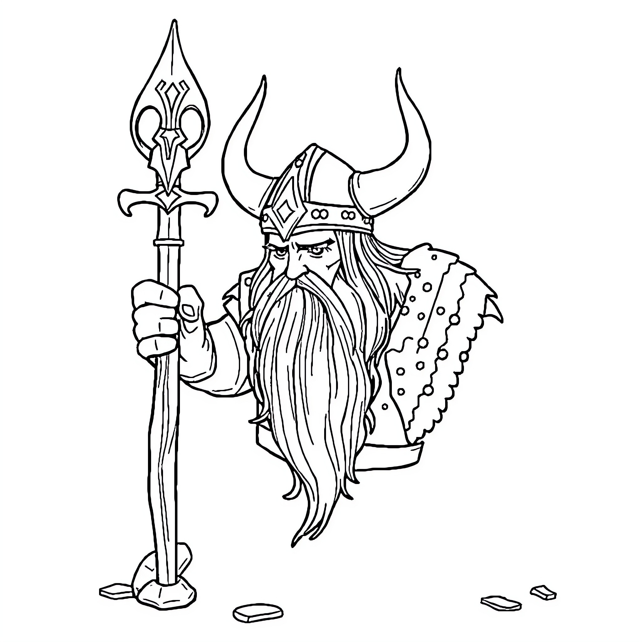Viking Symbols: Fierce Warrior with Spear and Horned Helmet Coloring Page (free black-and-white line drawing printable PDF for all, from beginners to advanced learners, including children, teens, adults, and seniors)