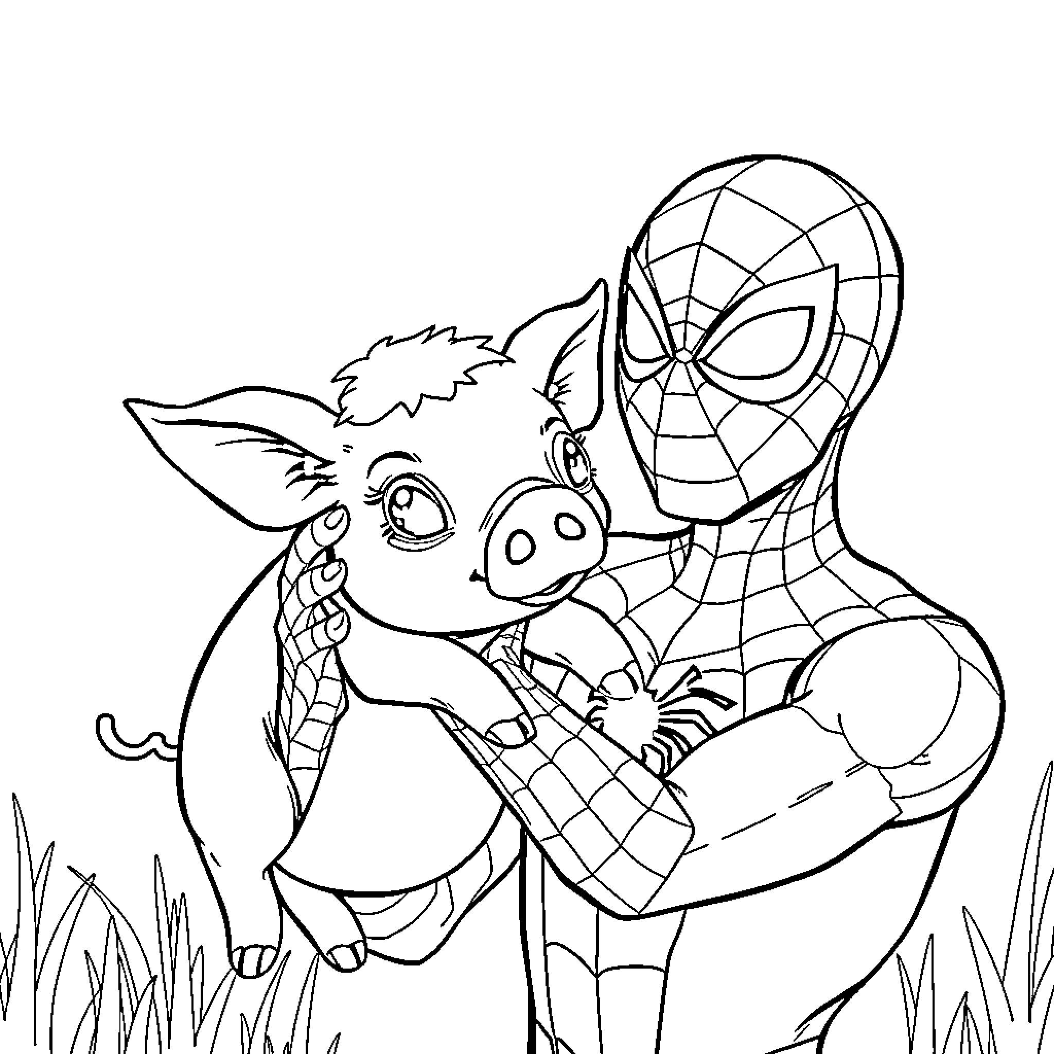 Spiderman Helping a Cute Pig Coloring Page (free black-and-white line drawing printable PDF for all, from beginners to advanced learners, including children, teens, adults, and seniors)