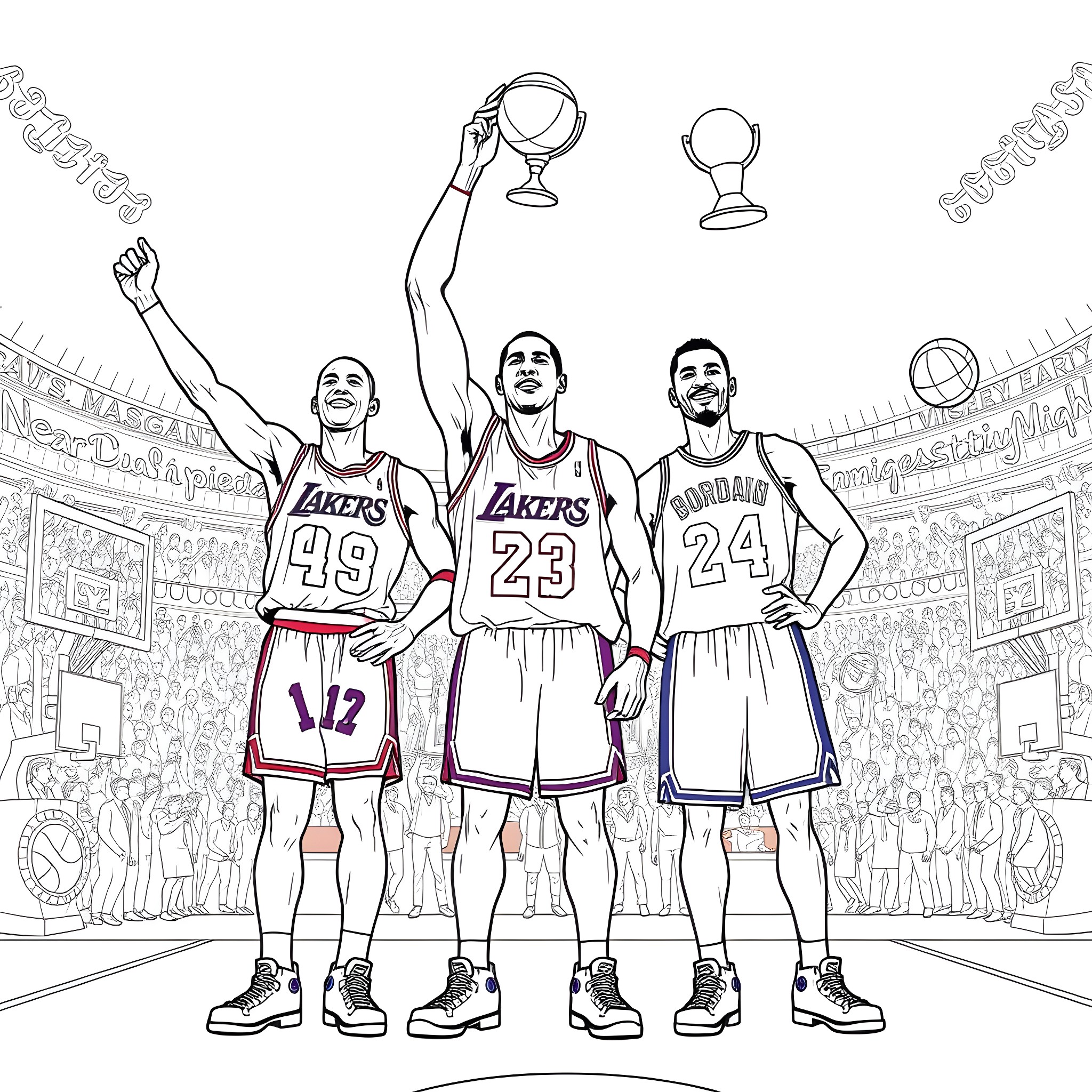 Basketball players celebrating victory on the court Coloring Page (free black-and-white line drawing printable PDF for all, from beginners to advanced learners, including children, teens, adults, and seniors)