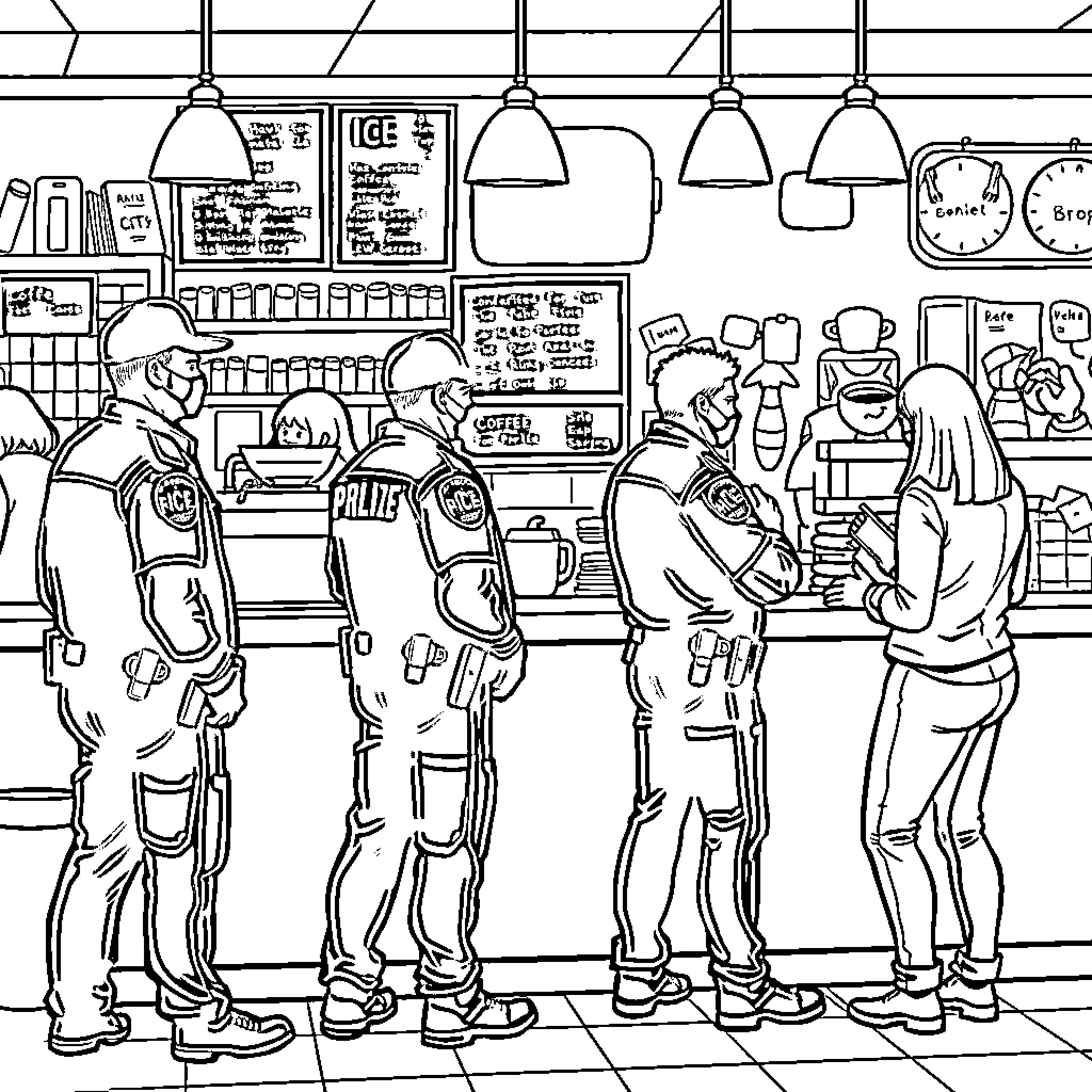 Ice Agent Undercover Operation at Local Diner Coloring Page (free black-and-white line drawing printable PDF for all, from beginners to advanced learners, including children, teens, adults, and seniors)